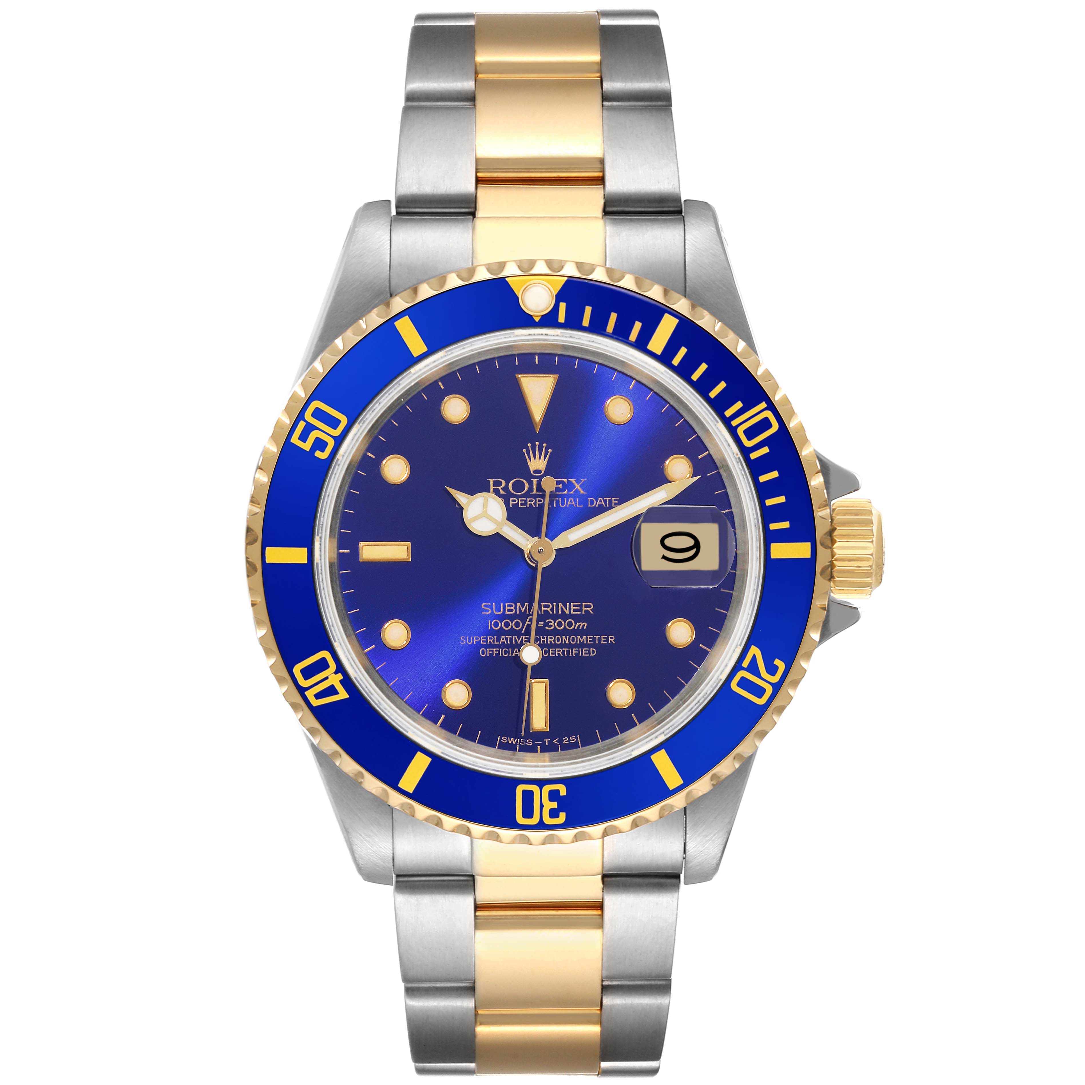 The Rolex Submariner 16613 Men's Steel and Gold (two tone) Blue Dial 16613 Men's Steel and Gold (two tone) Blue Dial watch is shown from the front, displaying its blue dial, date window, and two-tone gold and silver bracelet.