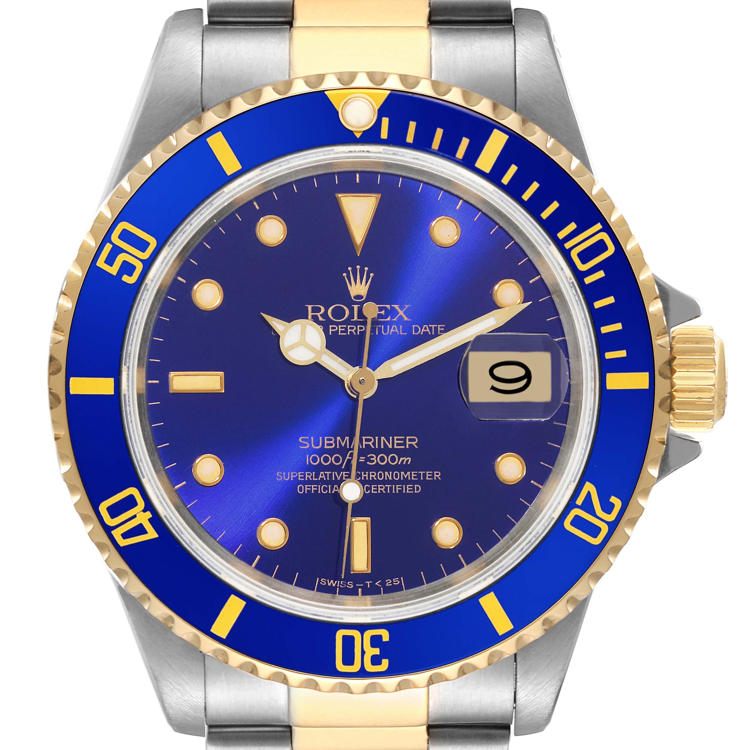 This image shows a front view of the Rolex Submariner 16613 Men's Steel and Gold (two tone) Blue Dial 16613 Men's Steel and Gold (two tone) Blue Dial watch, highlighting the dial, bezel, hands, and part of the bracelet.