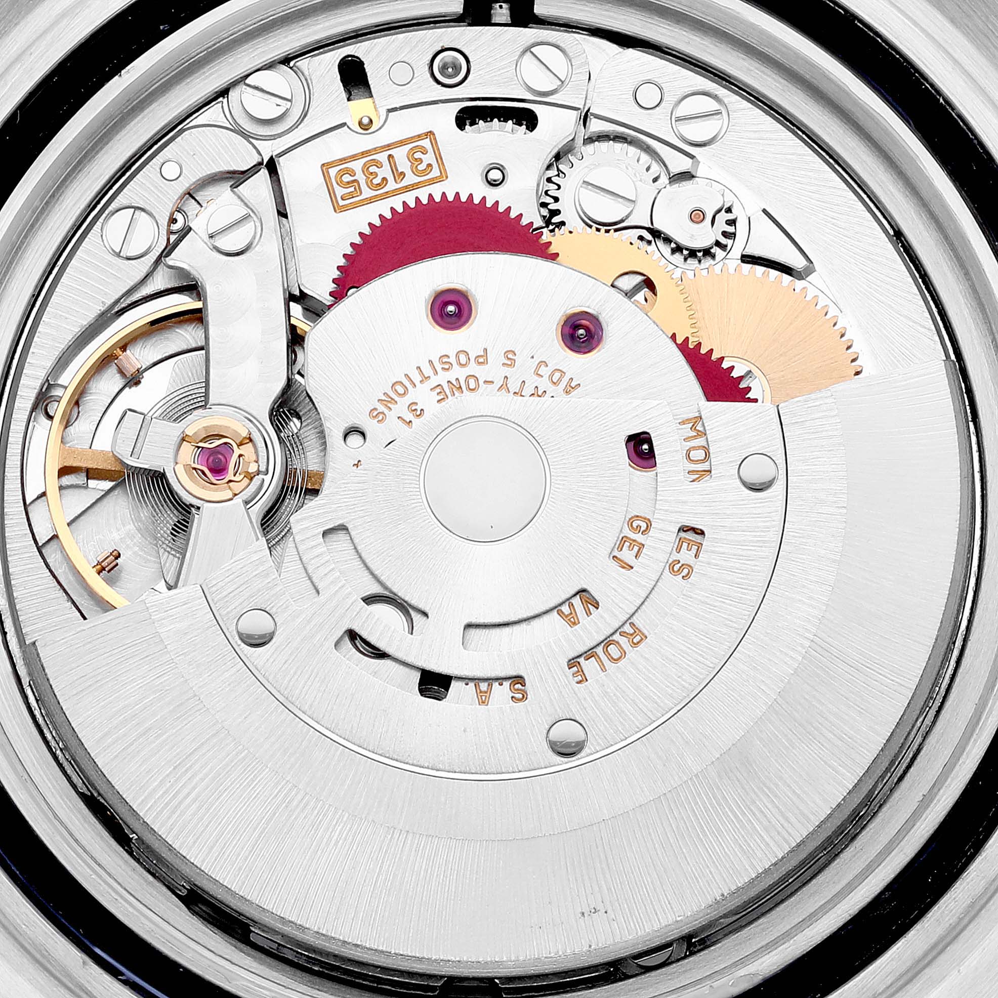 The image shows a close-up of the movement mechanism inside a Rolex Submariner 16610 Men
s Stainless Steel Black Dial 16610 Men
s Stainless Steel Black Dial watch.