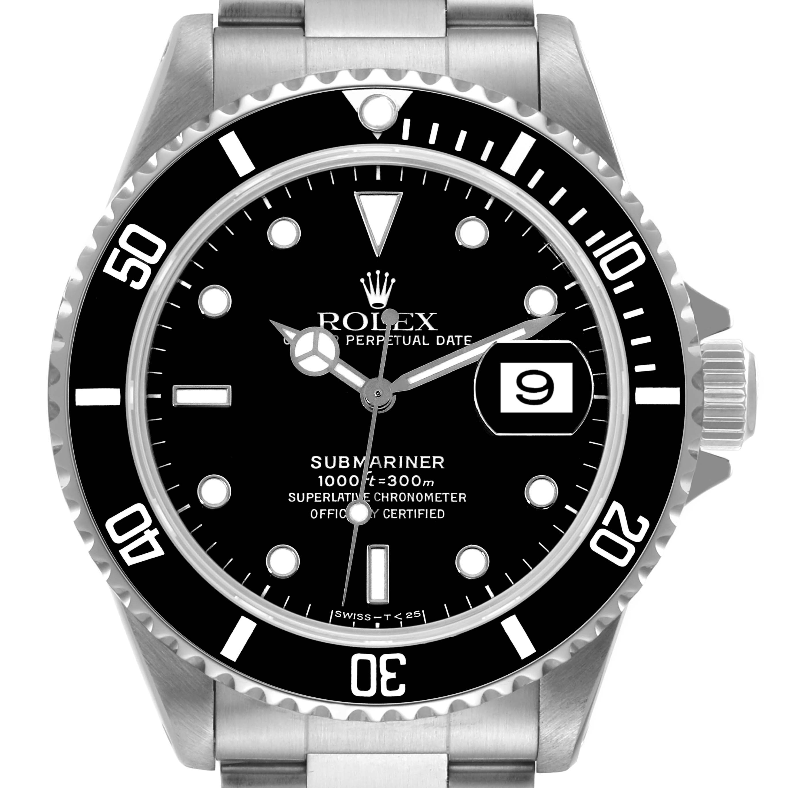 The Rolex Submariner 16610 Men
s Stainless Steel Black Dial 16610 Men
s Stainless Steel Black Dial watch is shown from a top-down angle, showcasing its dial, bezel, hands, date window, and part of the bracelet.