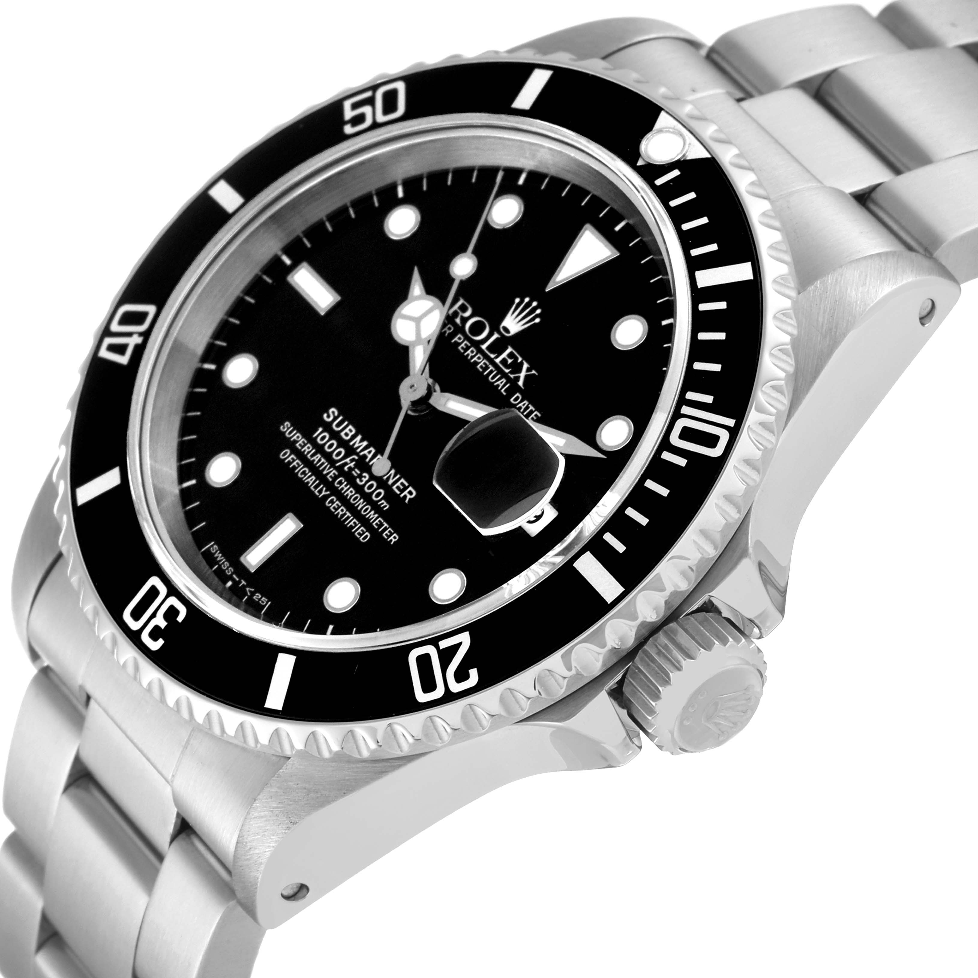 The image shows an angled close-up of a Rolex Submariner 16610 Men
s Stainless Steel Black Dial 16610 Men
s Stainless Steel Black Dial watch, highlighting its bezel, crown, and bracelet.