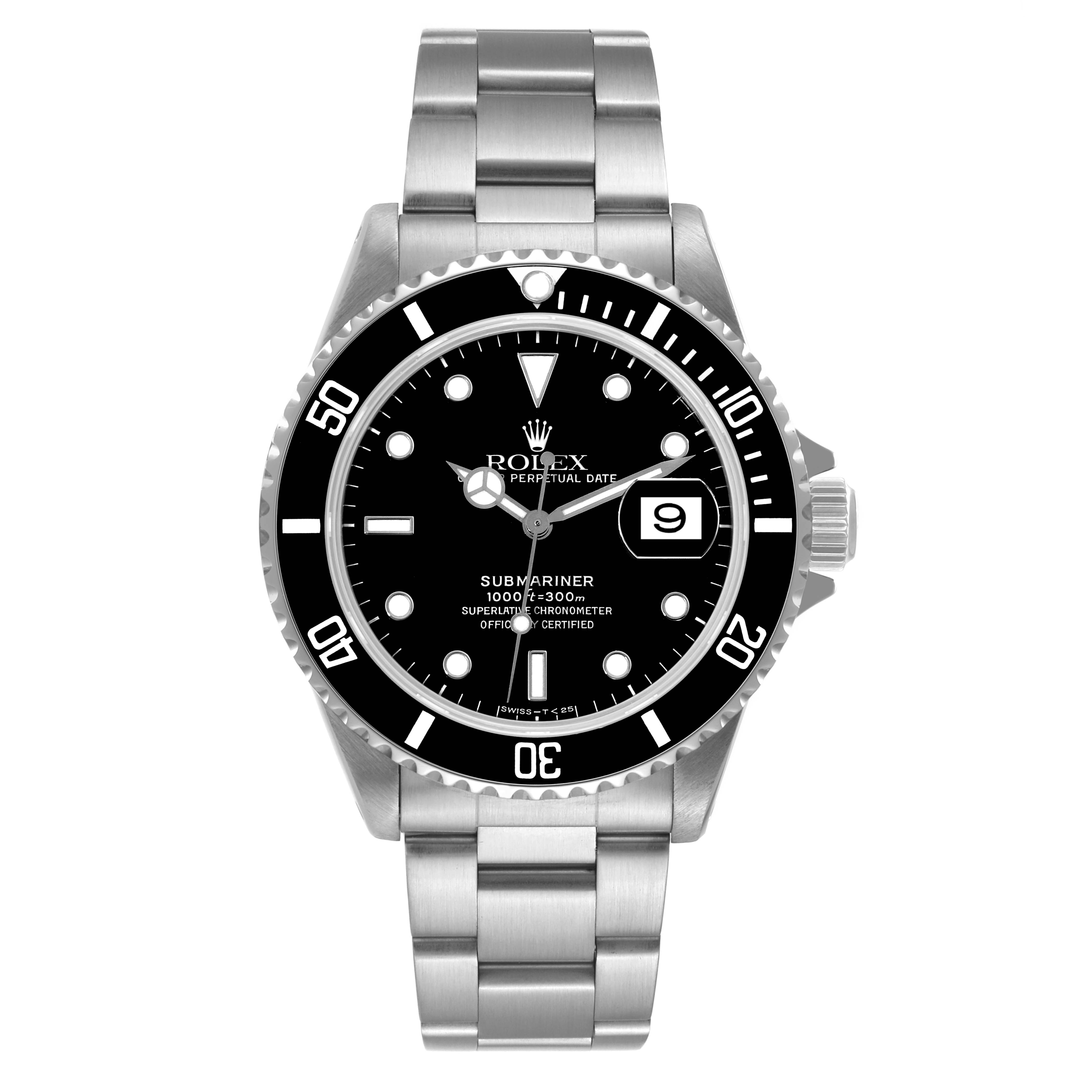 This image shows a front view of the Rolex Submariner 16610 Men
s Stainless Steel Black Dial 16610 Men
s Stainless Steel Black Dial watch, highlighting its dial, bezel, and bracelet.
