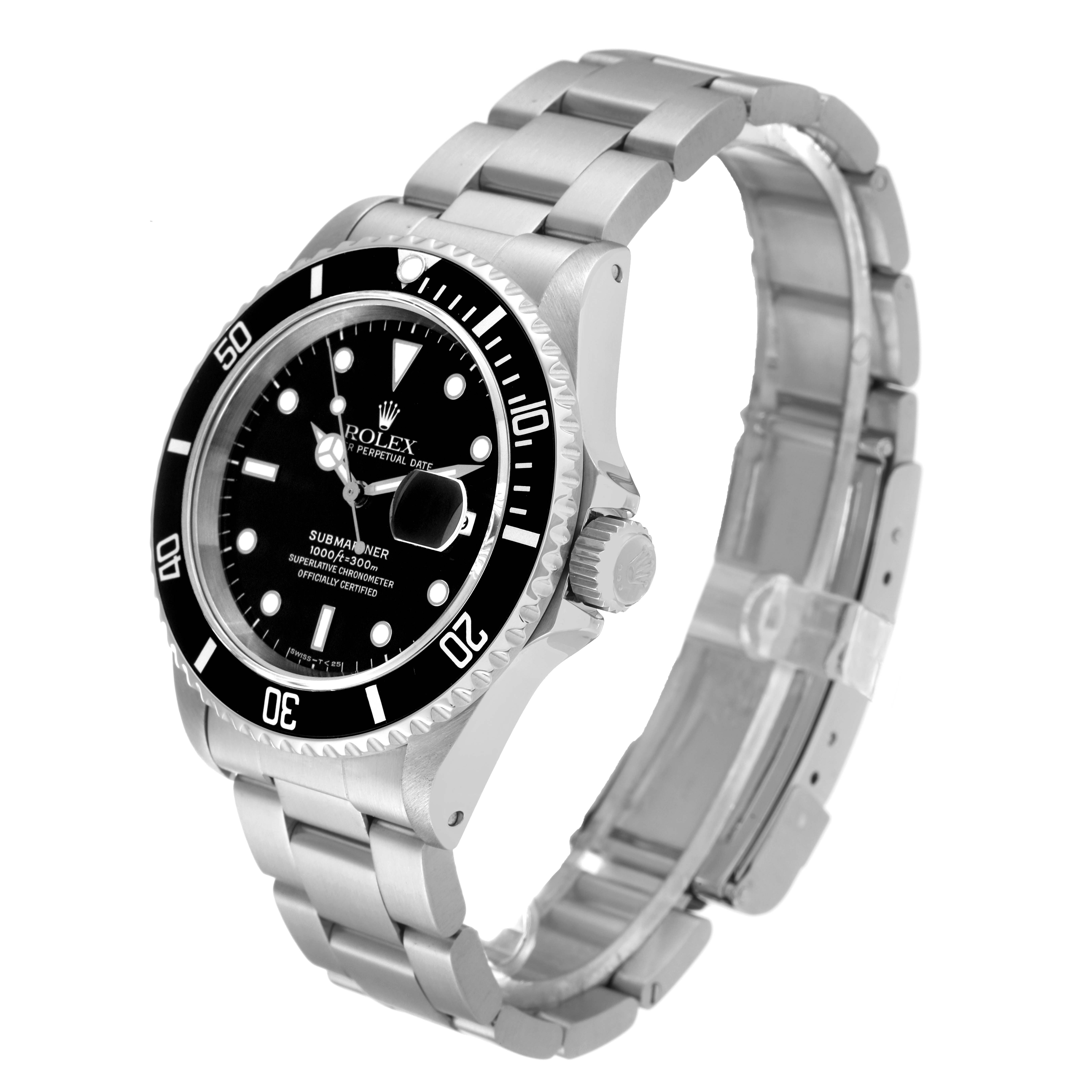 This image shows a Rolex Submariner 16610 Men
s Stainless Steel Black Dial 16610 Men
s Stainless Steel Black Dial watch from a side angle, highlighting the bezel, dial, crown, and bracelet.