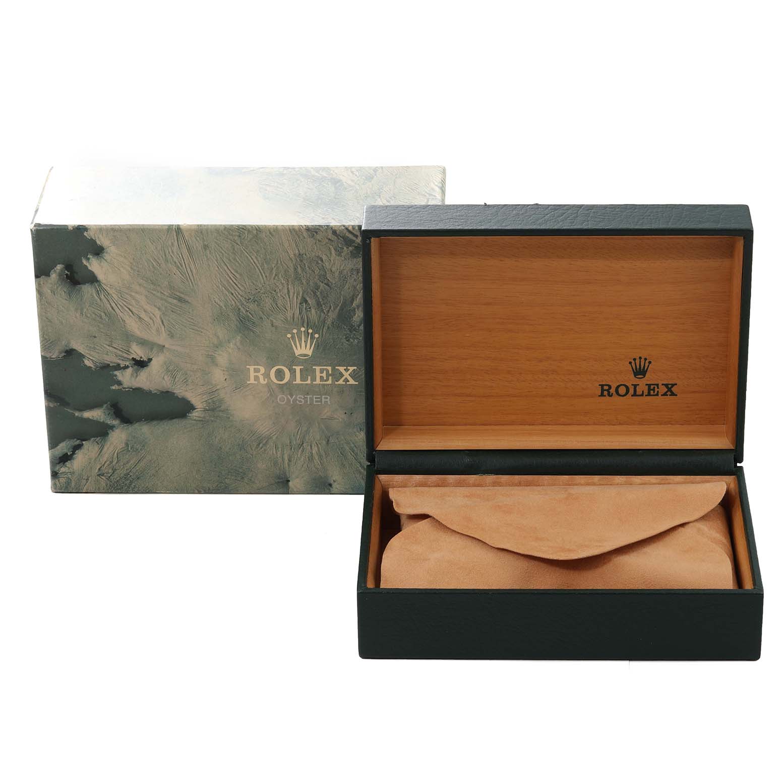 The image shows the packaging for a Rolex Submariner 16610 Men
s Stainless Steel Black Dial 16610 Men
s Stainless Steel Black Dial, including an outer box, a wooden box, and a protective pouch inside.