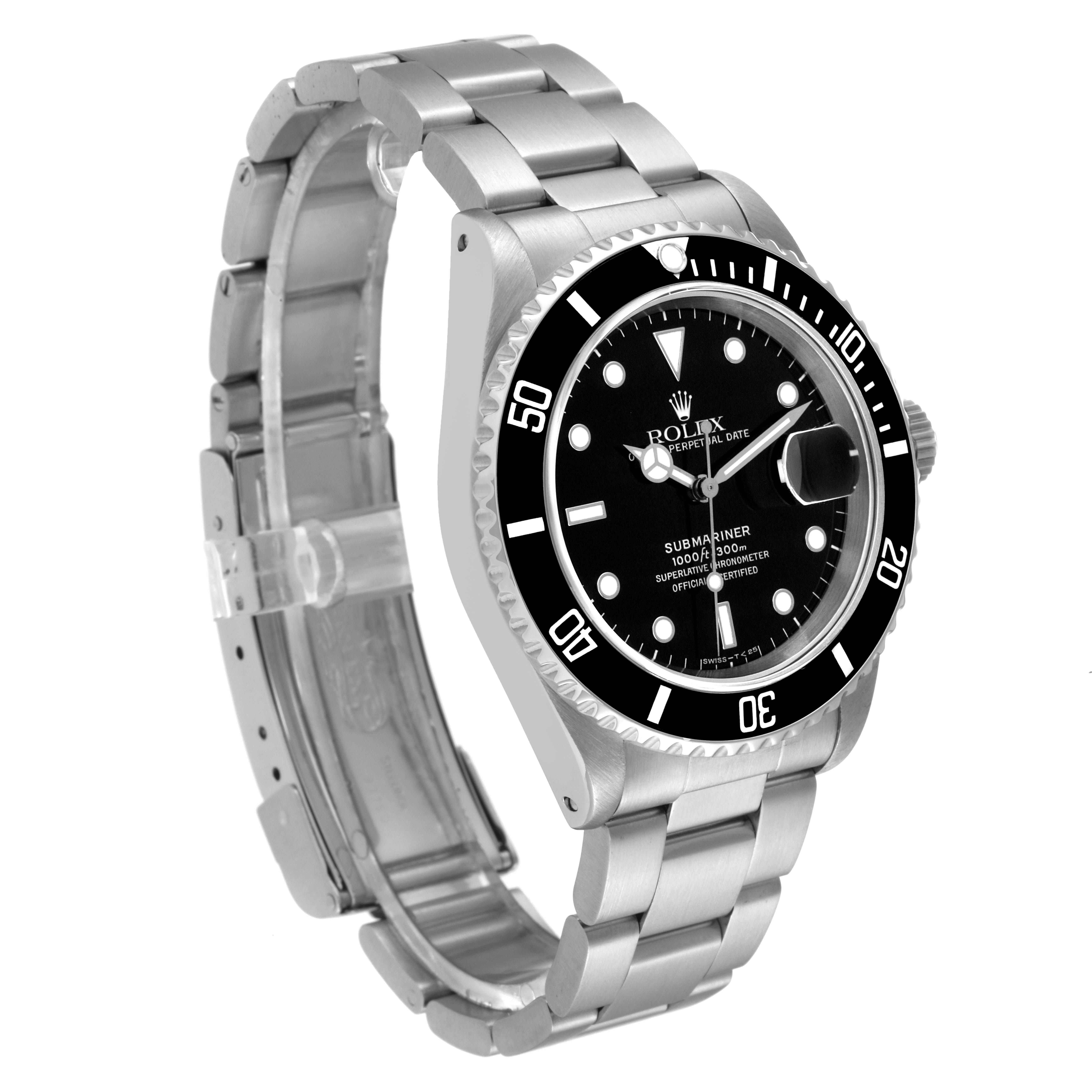 The image shows a Rolex Submariner 16610 Men
s Stainless Steel Black Dial 16610 Men
s Stainless Steel Black Dial watch at a slight left side angle, displaying the face, bezel, and stainless steel bracelet.