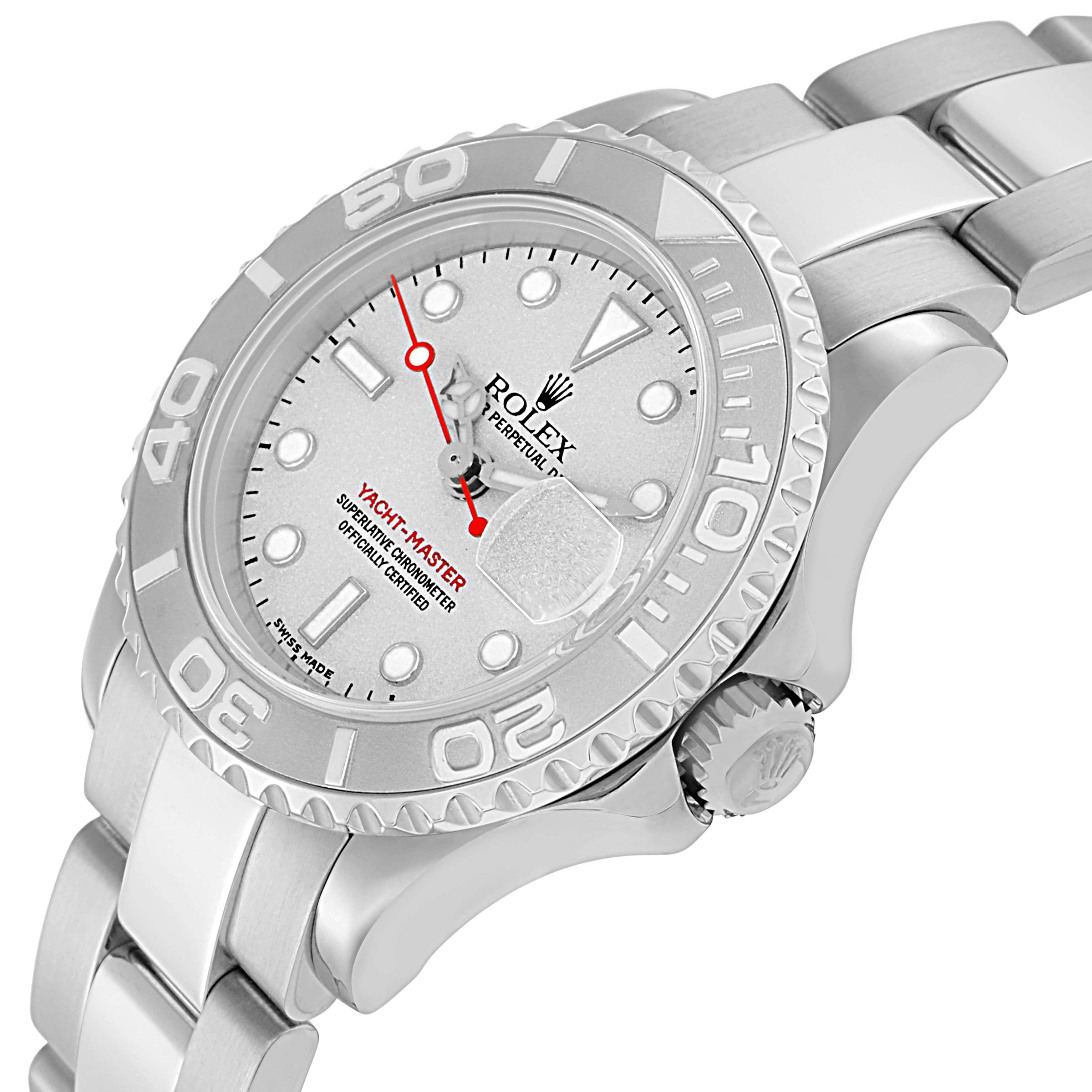 The Rolex Yacht-Master 169622 Women's Stainless Steel Silver Dial watch is shown at an angled view, highlighting the bezel, dial, crown, and part of the bracelet.