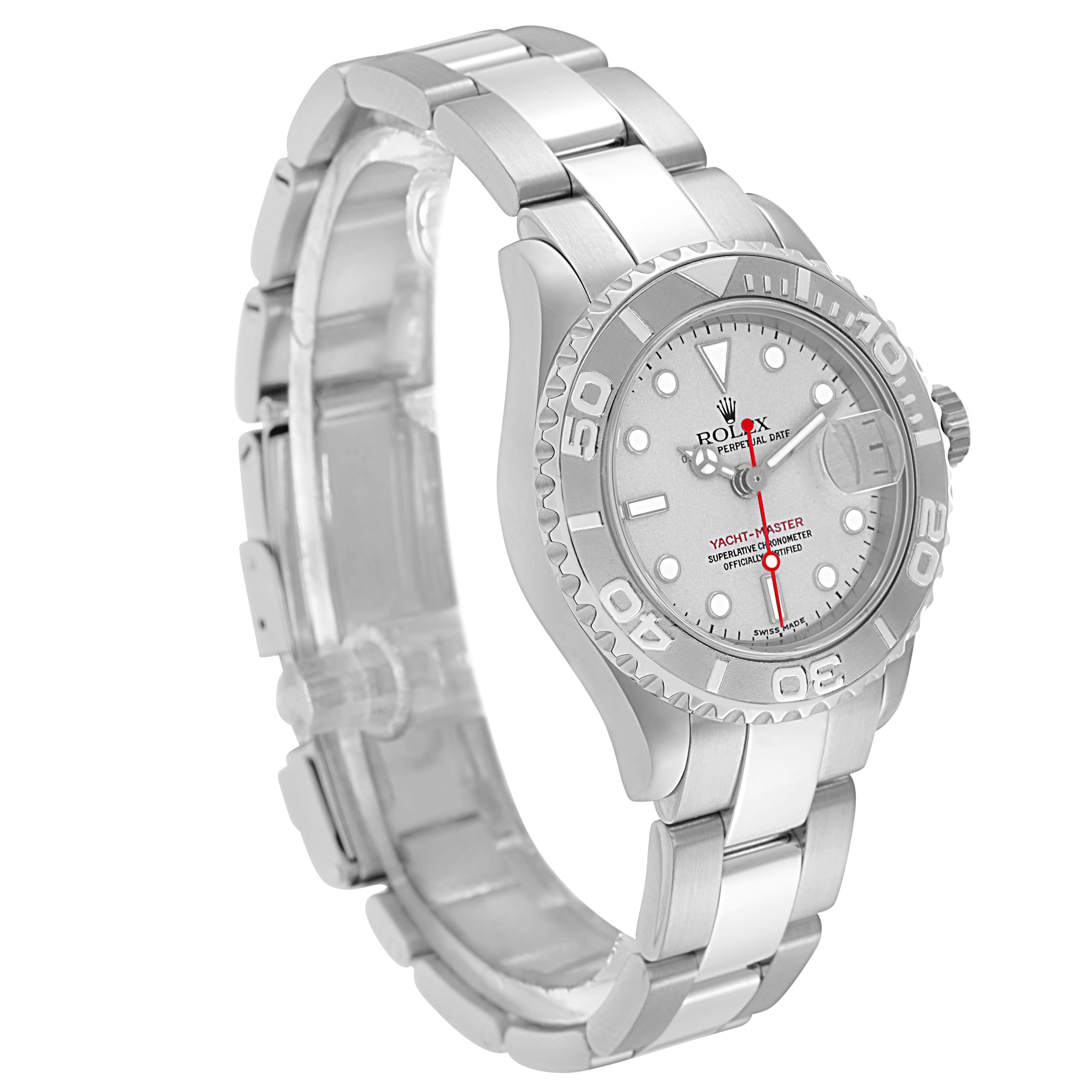 The Rolex Yacht-Master 169622 Women's Stainless Steel Silver Dial watch is shown at a three-quarter angle, highlighting the face, bezel, and bracelet.