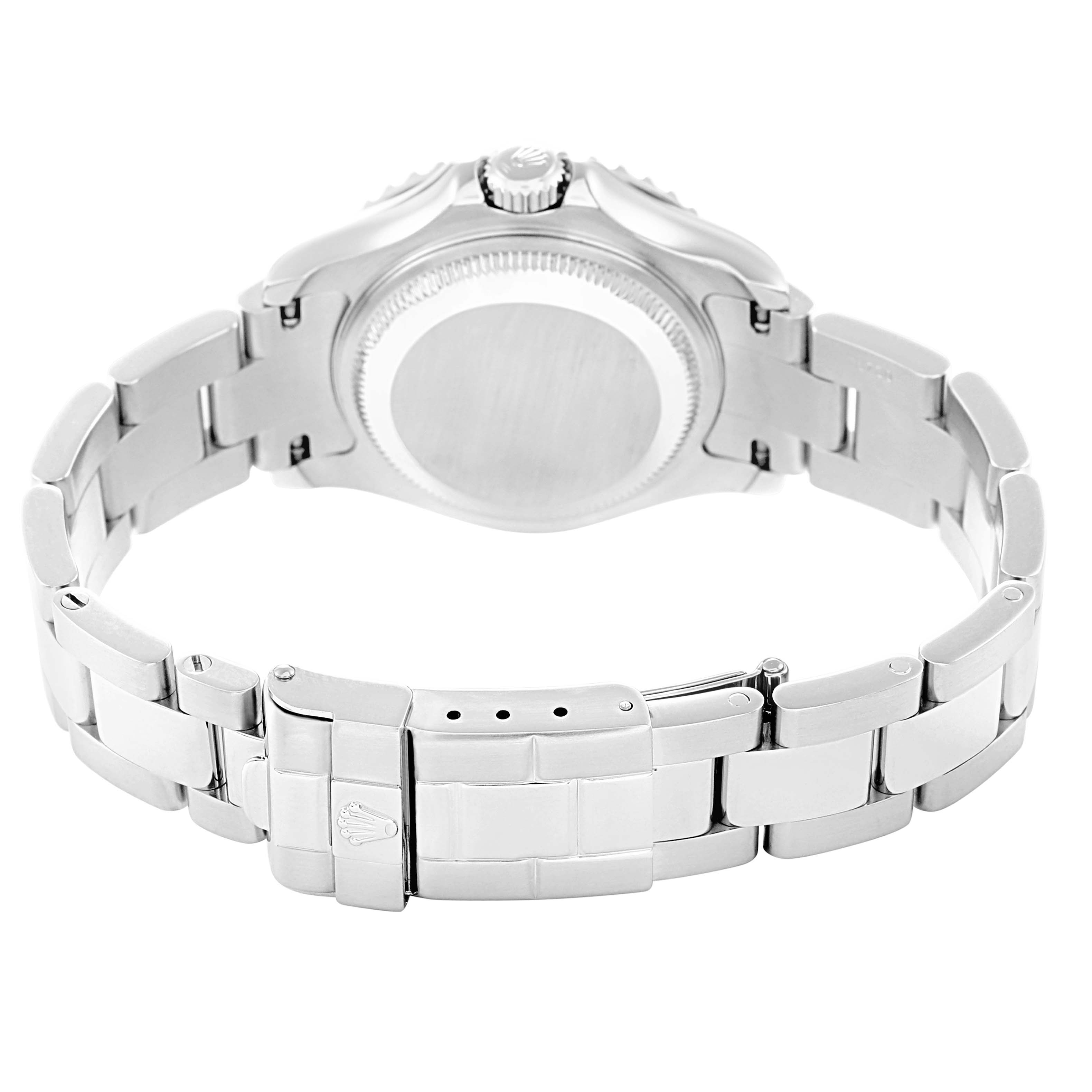 The image shows the back of a Rolex Yacht-Master 169622 Women's Stainless Steel Silver Dial watch, highlighting the bracelet and clasp.