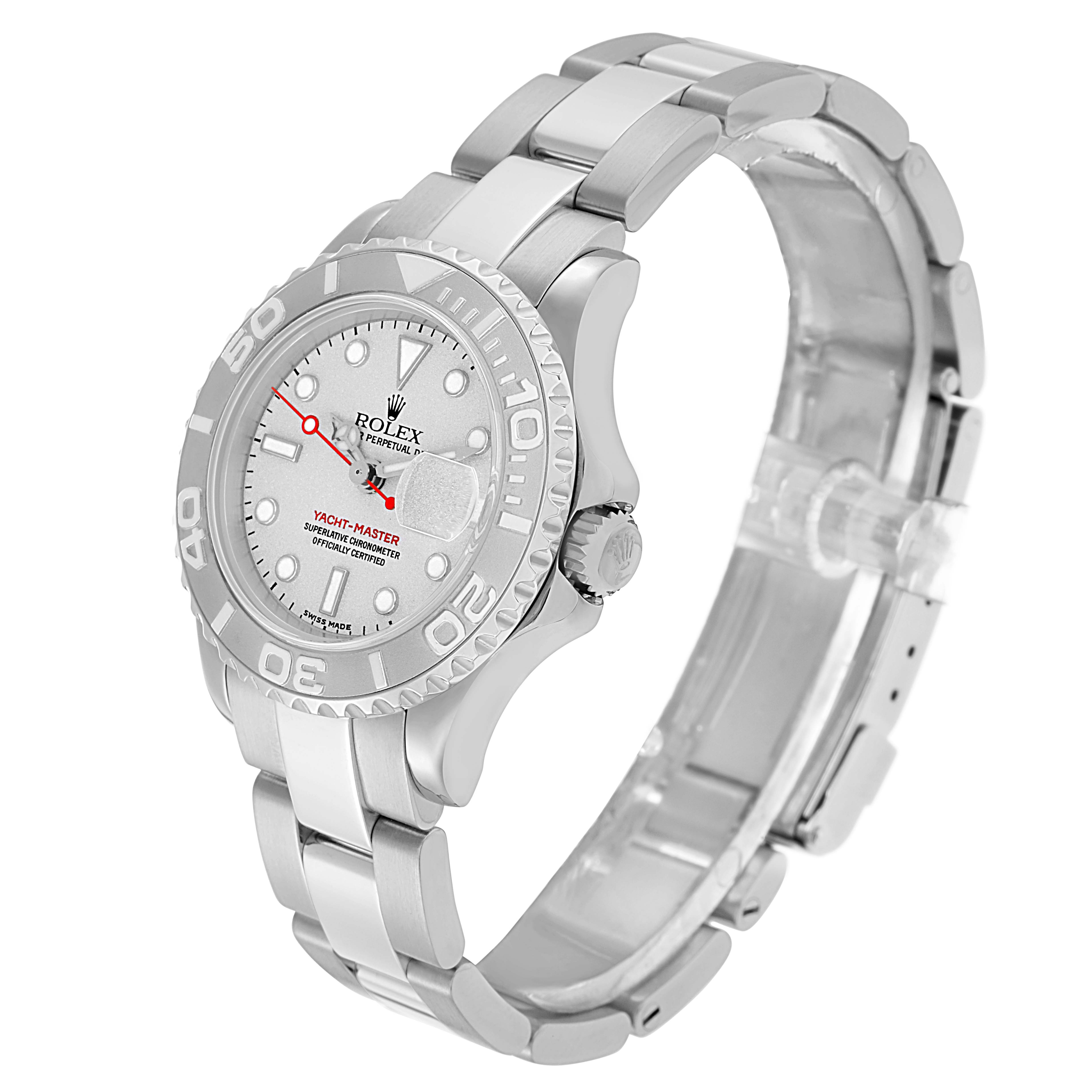 The Rolex Yacht-Master 169622 Women's Stainless Steel Silver Dial watch is shown at an oblique angle, displaying its face, bezel, crown, and bracelet.