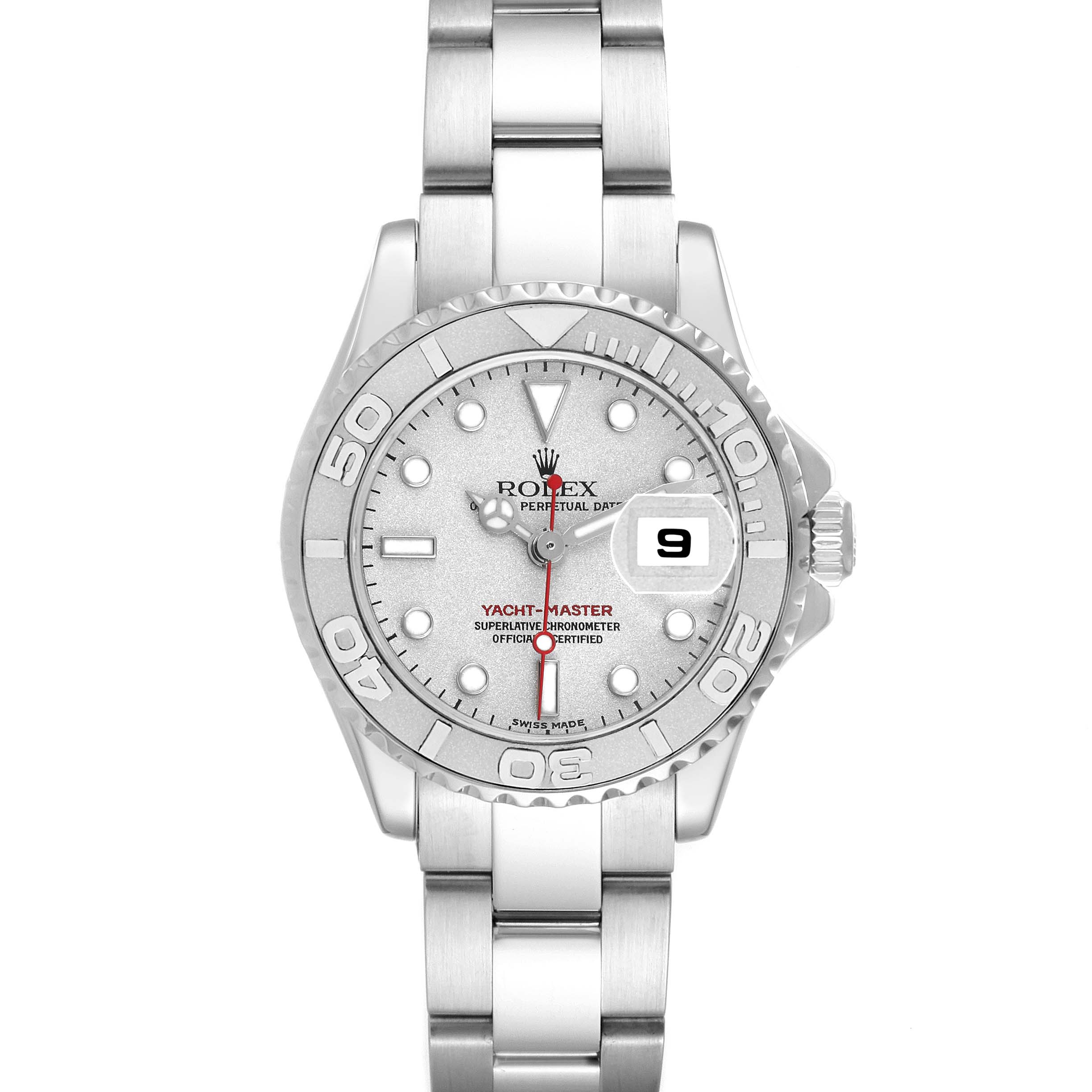 The Rolex Yacht-Master 169622 Women's Stainless Steel Silver Dial watch is shown from the front, highlighting the dial, bezel, bracelet, and date window.