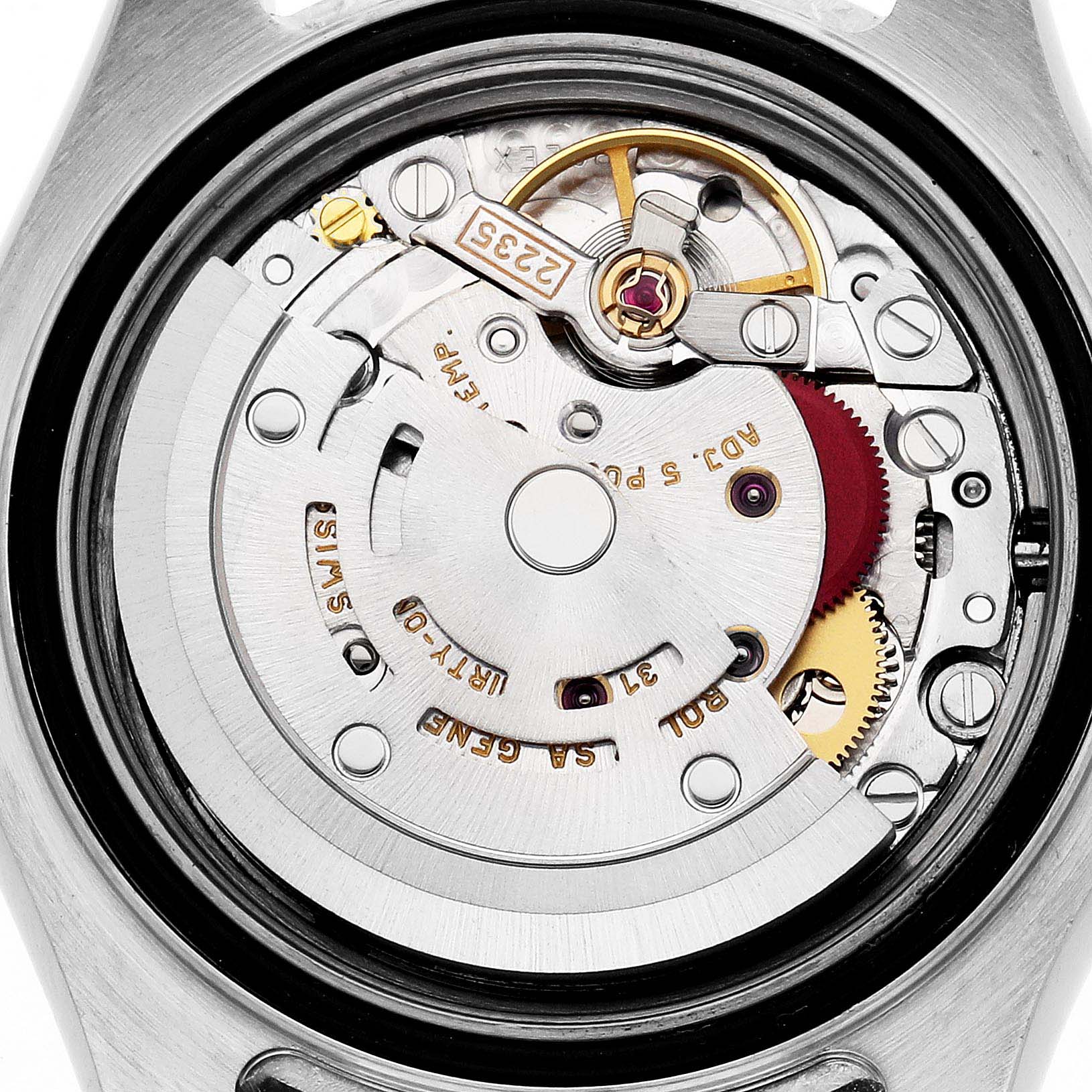The image shows the movement of a Rolex Yacht-Master 169622 Women's Stainless Steel Silver Dial watch viewed from the back, displaying gears and components.