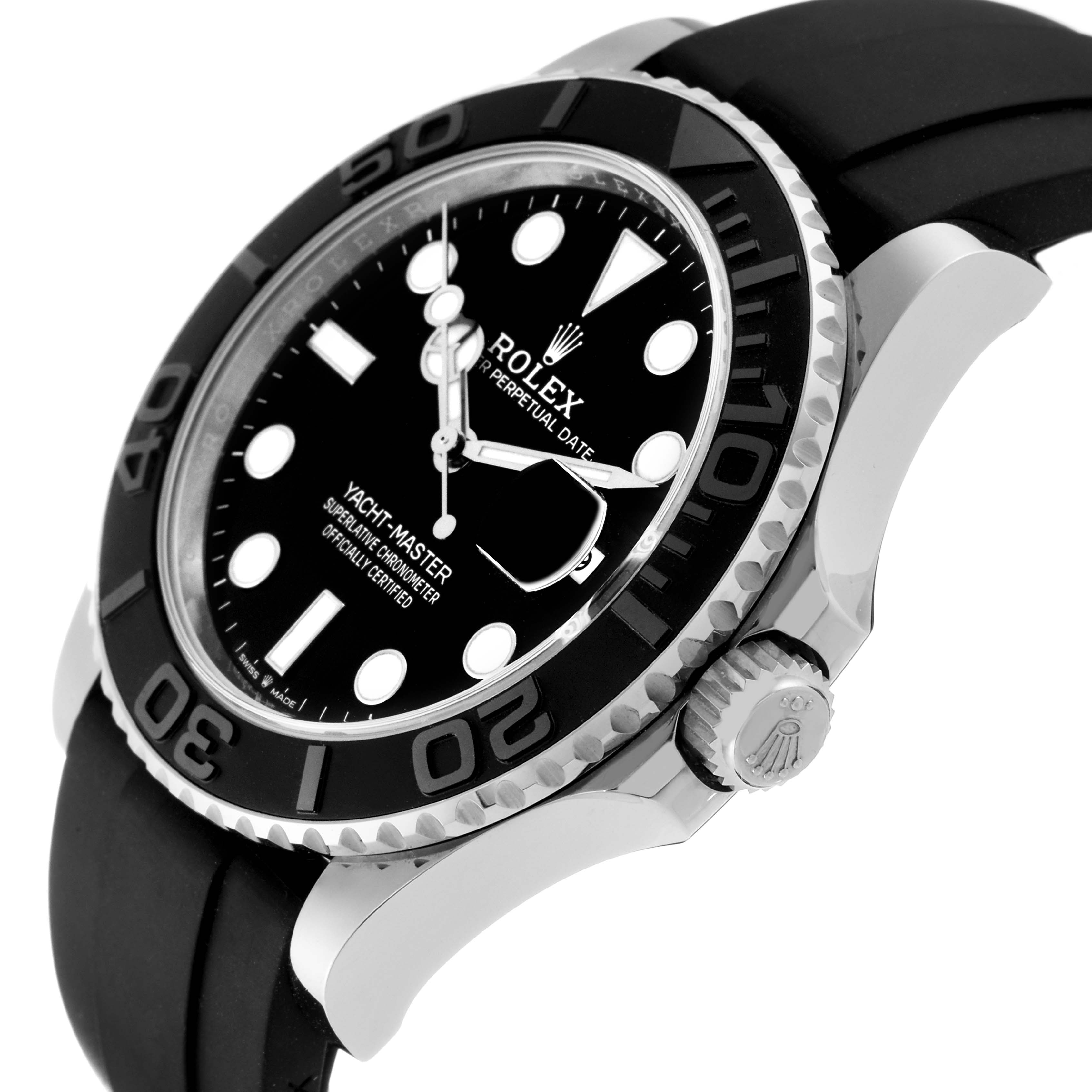 This image shows a Rolex Yacht-Master 226659 Men's White Gold Black Dial 226659 Men's White Gold Black Dial watch at an angle highlighting the bezel, crown, and a portion of the dial and strap.