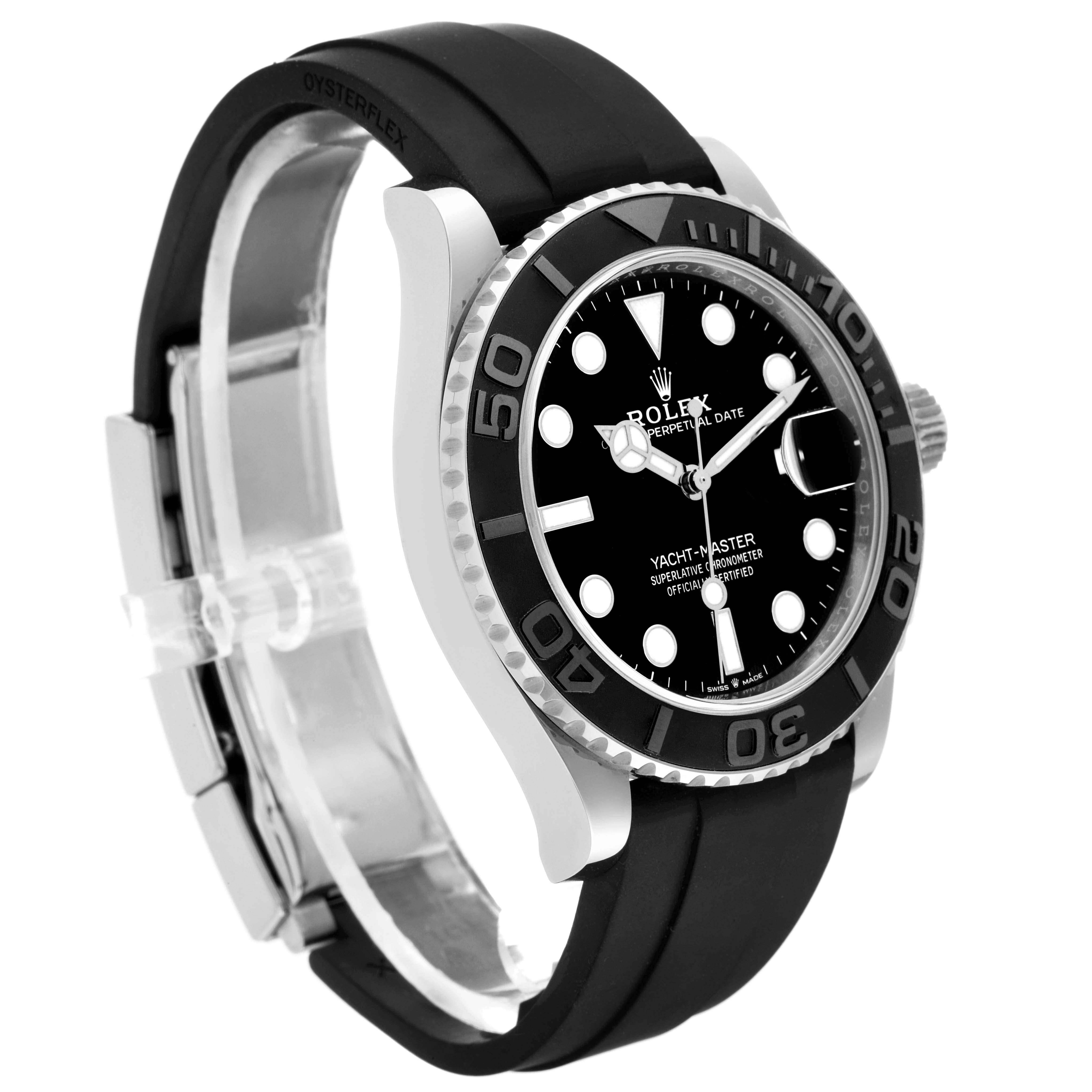 This image shows a side-angle view of the Rolex Yacht-Master 226659 Men's White Gold Black Dial 226659 Men's White Gold Black Dial watch, highlighting its black dial, bezel, and Oysterflex strap.