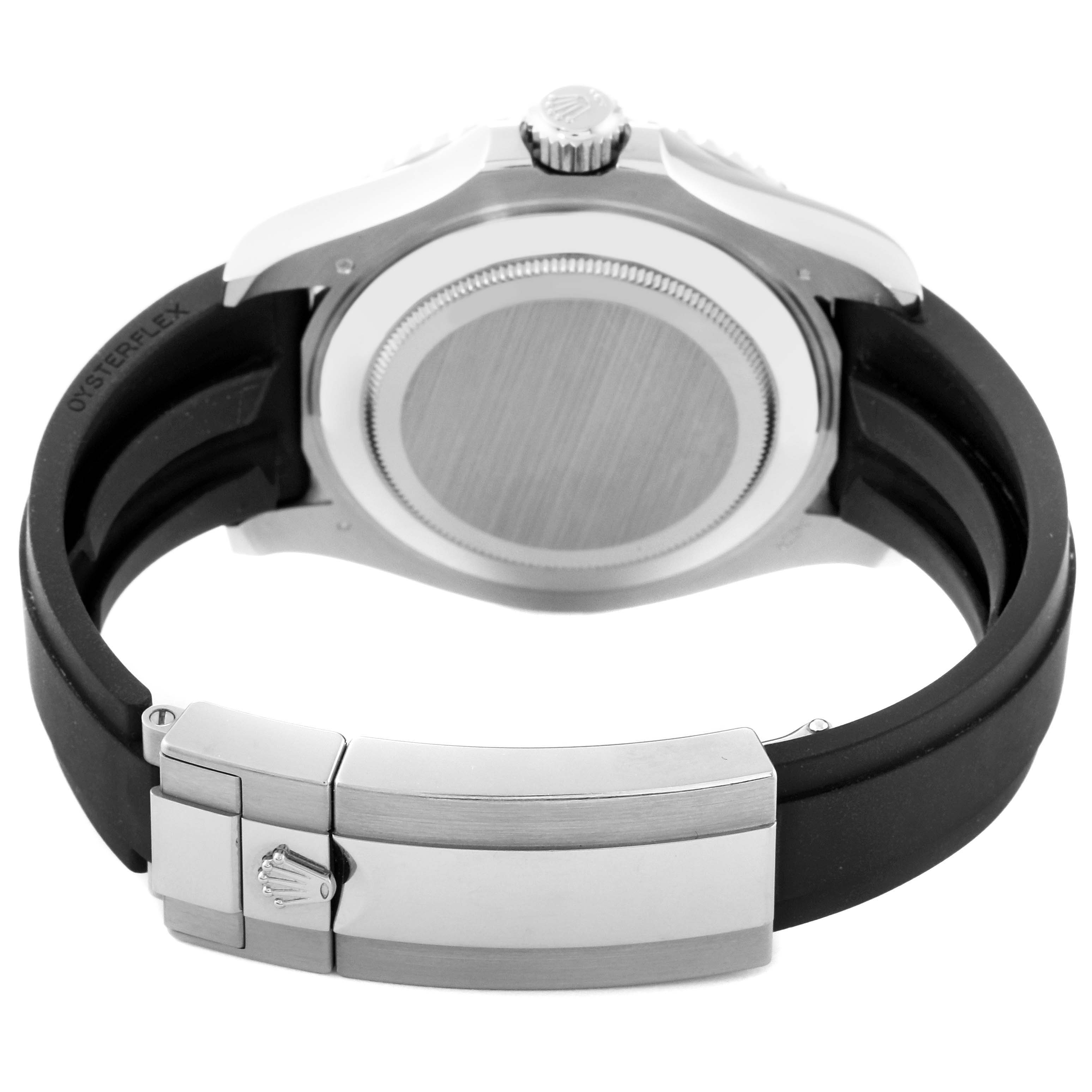 This image shows the back case, crown, and rubber strap of the Rolex Yacht-Master 226659 Men's White Gold Black Dial 226659 Men's White Gold Black Dial watch from a rear angle.