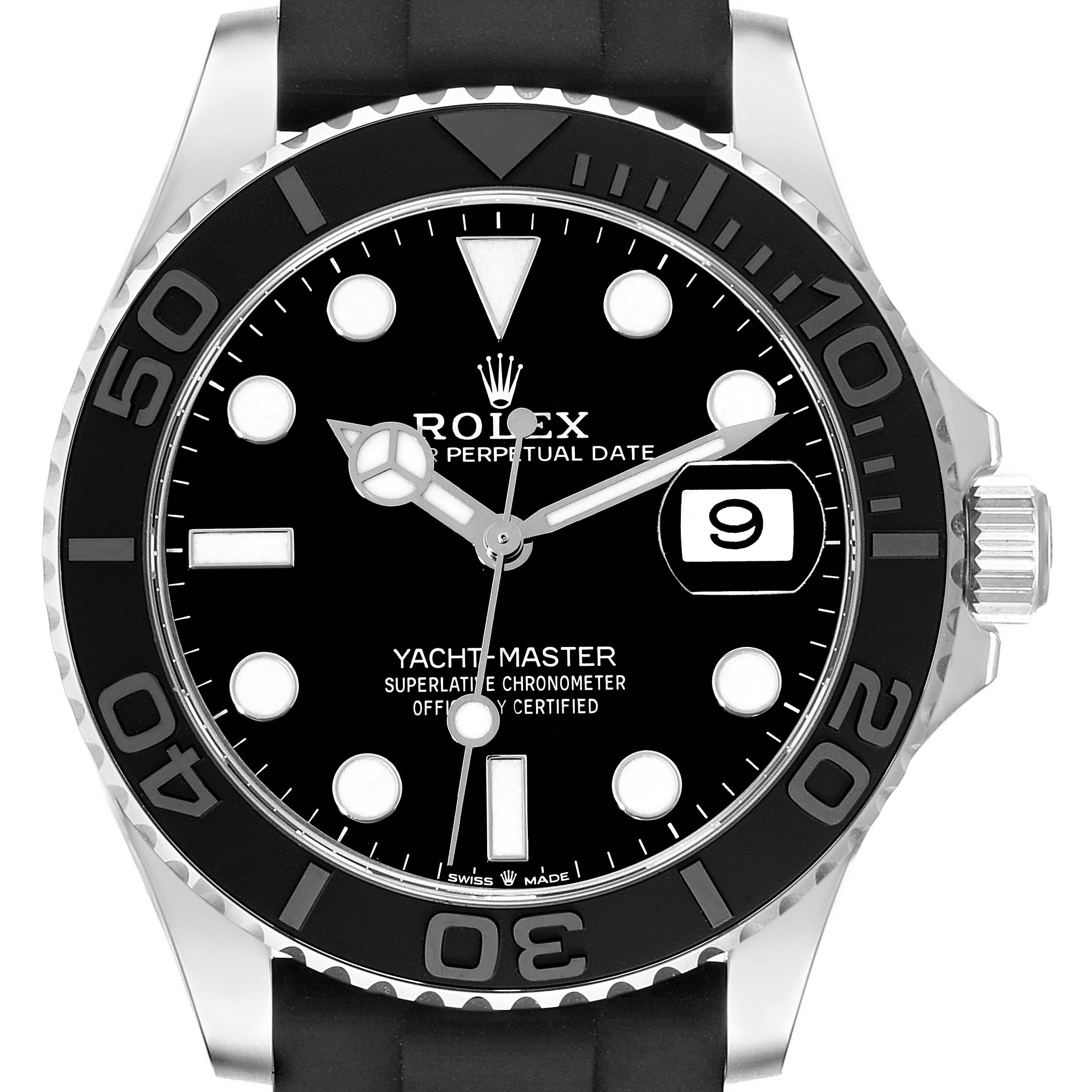 This is a front view of the Rolex Yacht-Master 226659 Men's White Gold Black Dial 226659 Men's White Gold Black Dial watch, showing the dial, bezel, and date window.