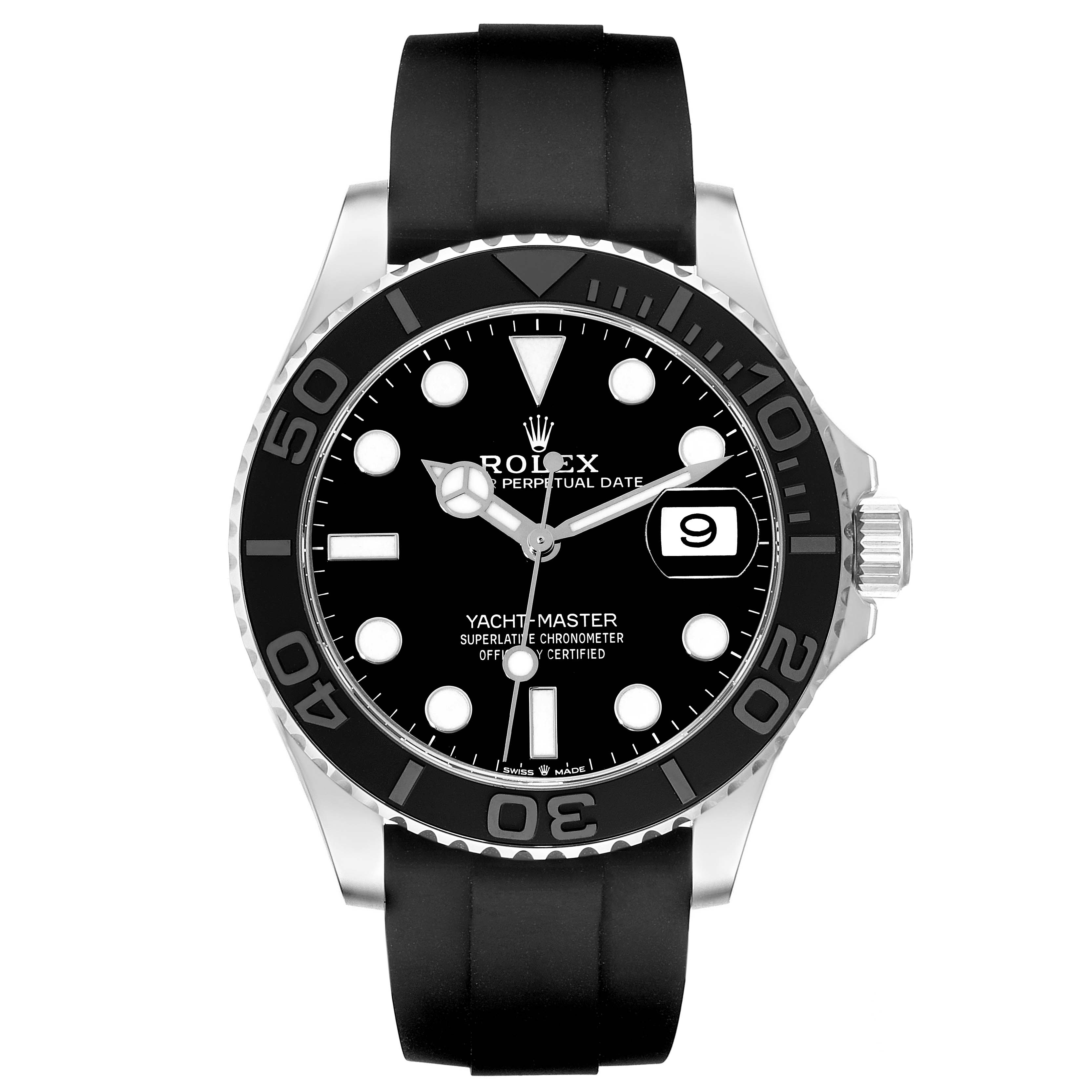 This image shows a front view of a Rolex Yacht-Master 226659 Men's White Gold Black Dial 226659 Men's White Gold Black Dial watch, highlighting its black dial, date window, and bezel.