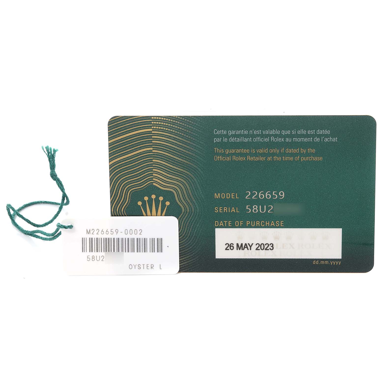 The image shows the warranty card and tag for a Rolex Yacht-Master 226659 Men's White Gold Black Dial 226659 Men's White Gold Black Dial model 226659.