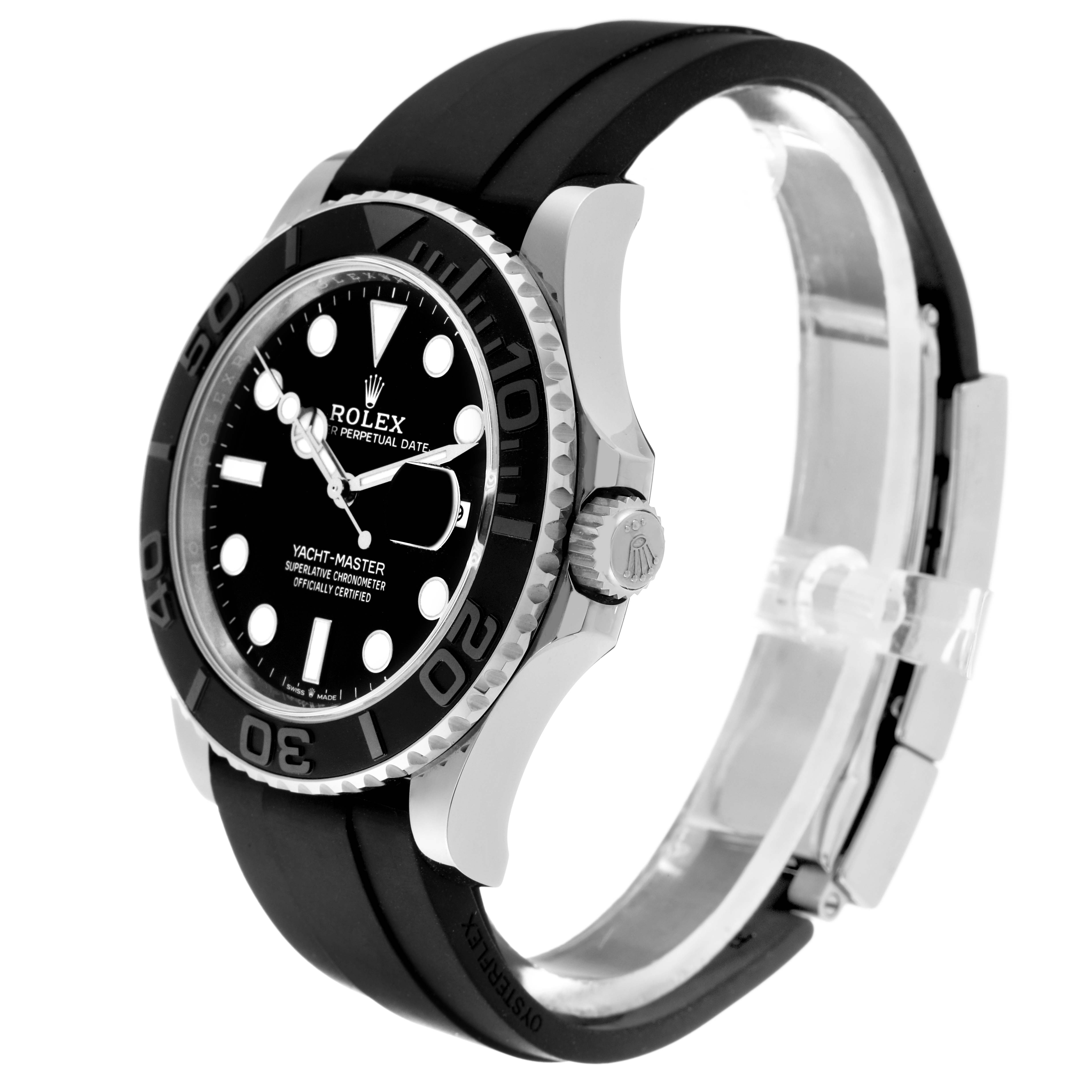 The image shows a side and front view of the Rolex Yacht-Master 226659 Men's White Gold Black Dial 226659 Men's White Gold Black Dial watch, including the bezel, crown, dial, and strap.