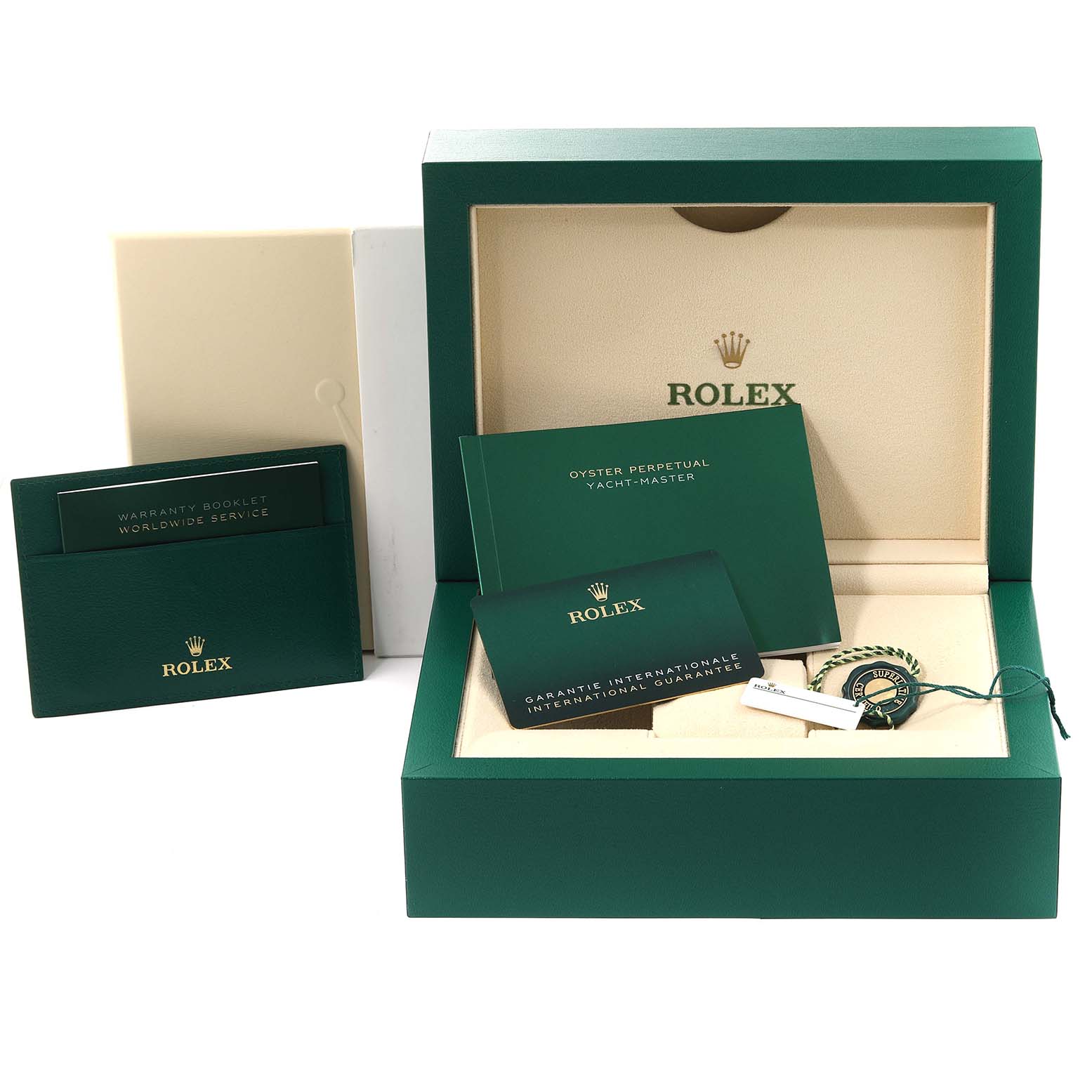 This image shows the Rolex Yacht-Master 226659 Men's White Gold Black Dial 226659 Men's White Gold Black Dial packaging including the box, warranty booklet, guarantee card, and manual.