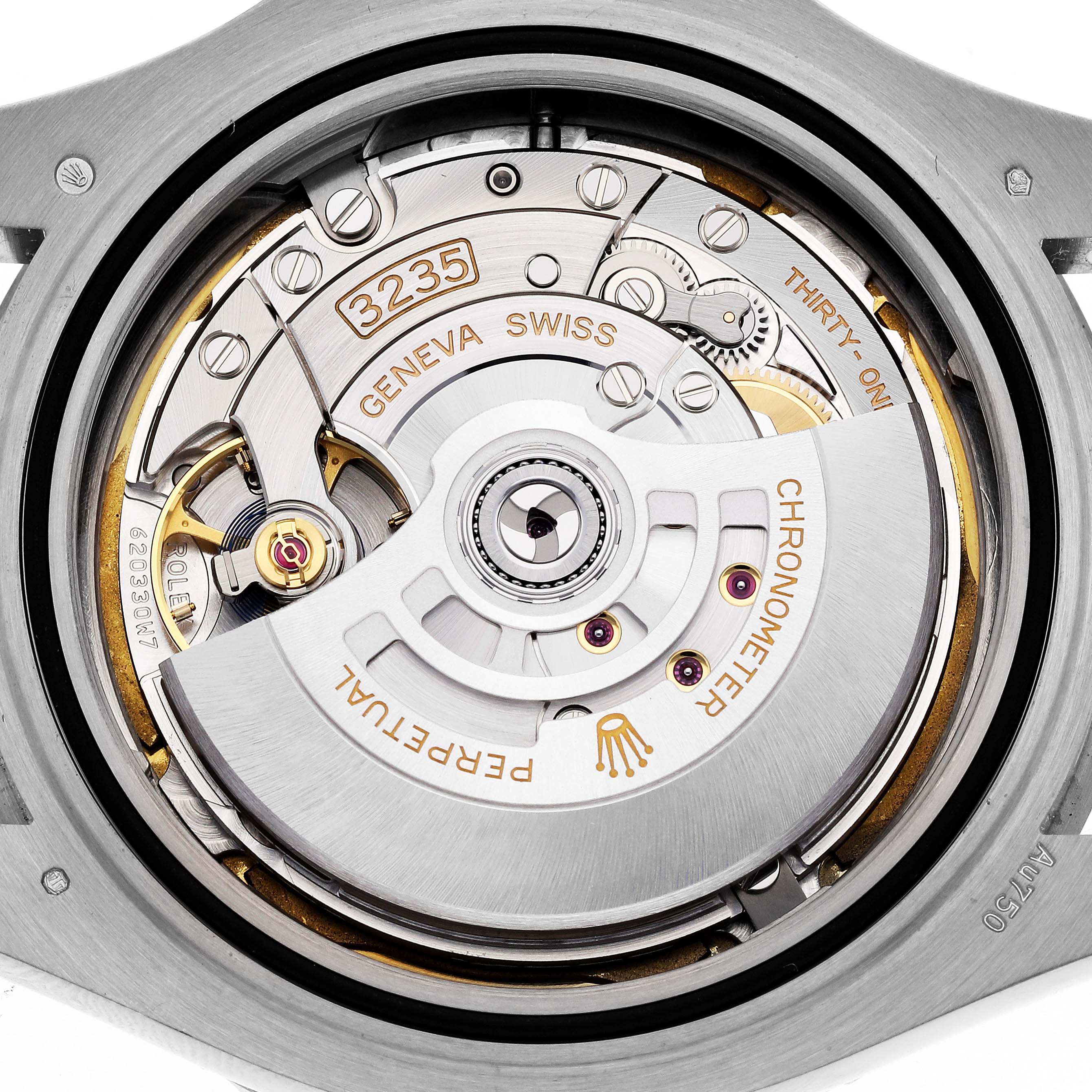 This close-up shot shows the movement components of a Rolex Yacht-Master 226659 Men's White Gold Black Dial 226659 Men's White Gold Black Dial watch, displaying the intricate internal mechanisms.