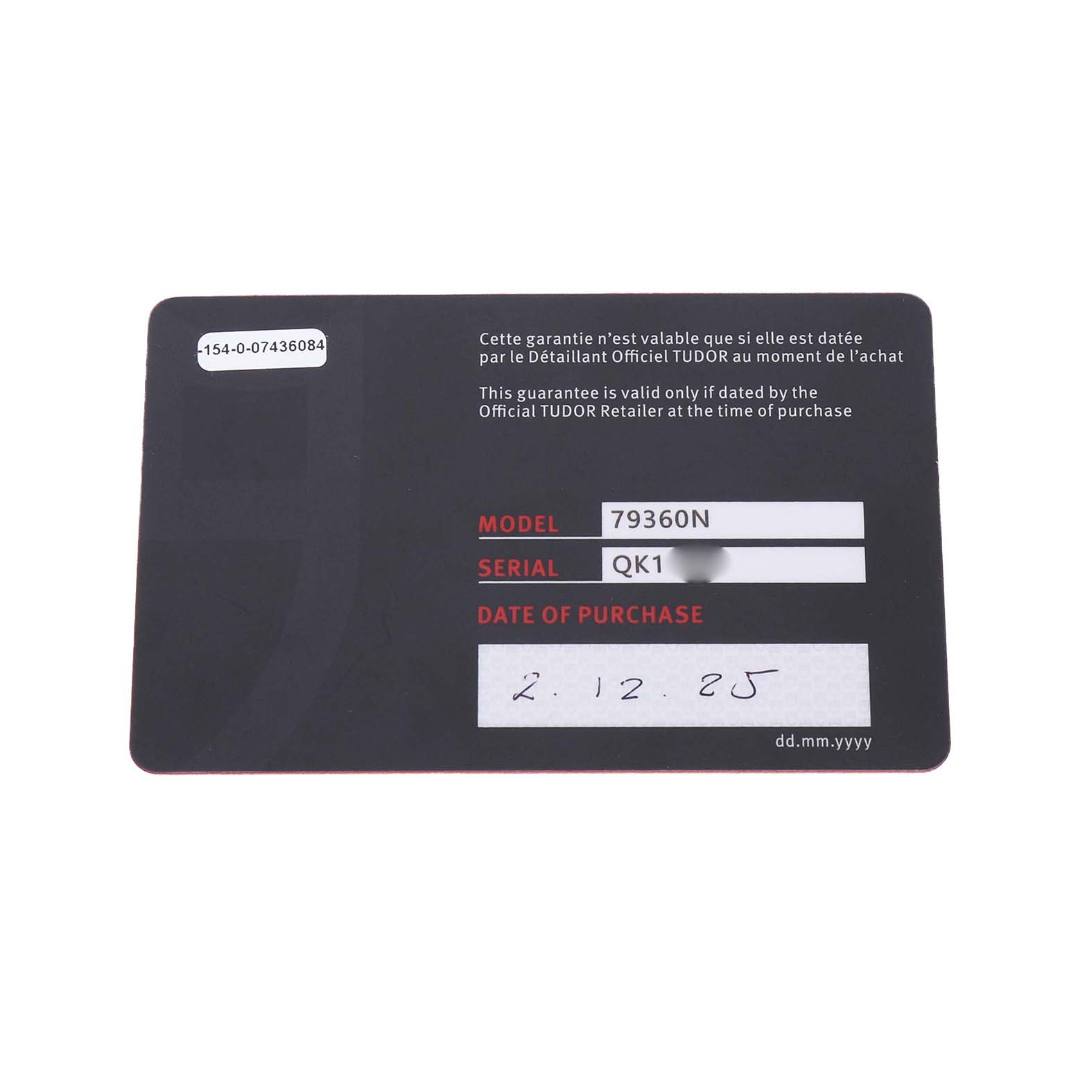The image shows a warranty card for the Tudor Heritage Chrono 79360N Men's Stainless Steel Blue Dial model, displaying model, serial number, and date of purchase.