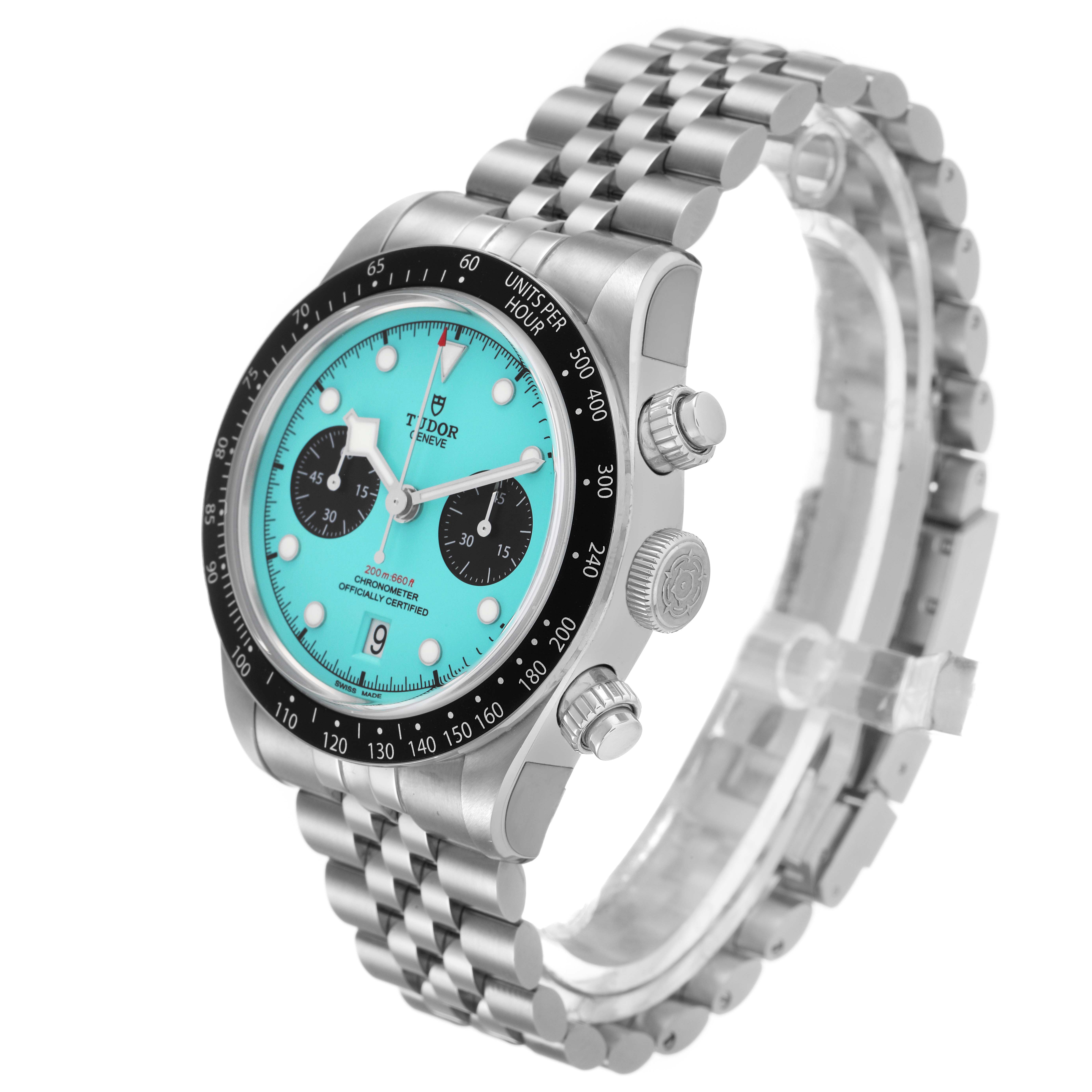 The Tudor Heritage Chrono 79360N Men's Stainless Steel Blue Dial watch is shown at an angle displaying the face, bezel, crown, pushers, and bracelet.
