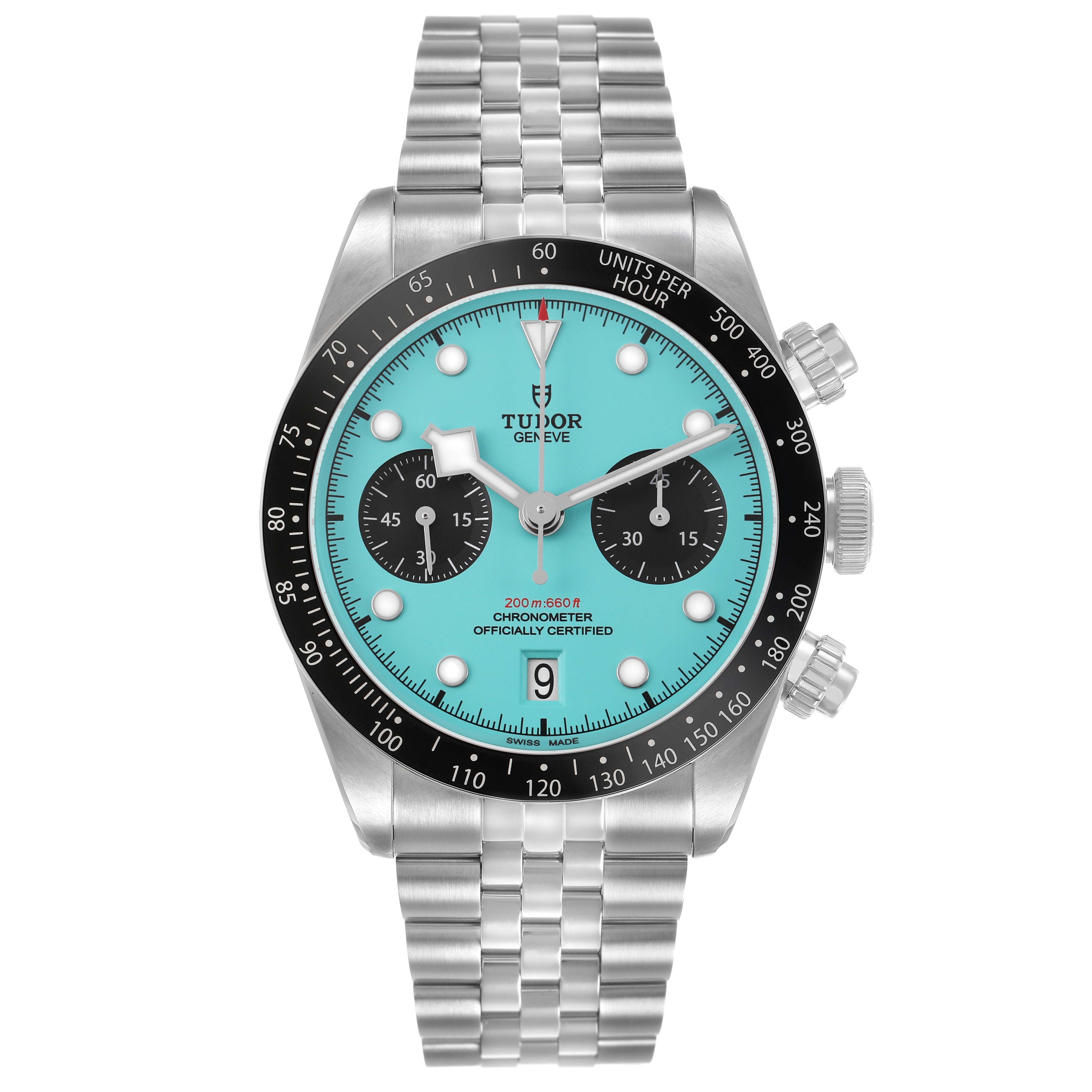 The Tudor Heritage Chrono 79360N Men's Stainless Steel Blue Dial watch is shown from the front, highlighting its face, bezel, and bracelet.