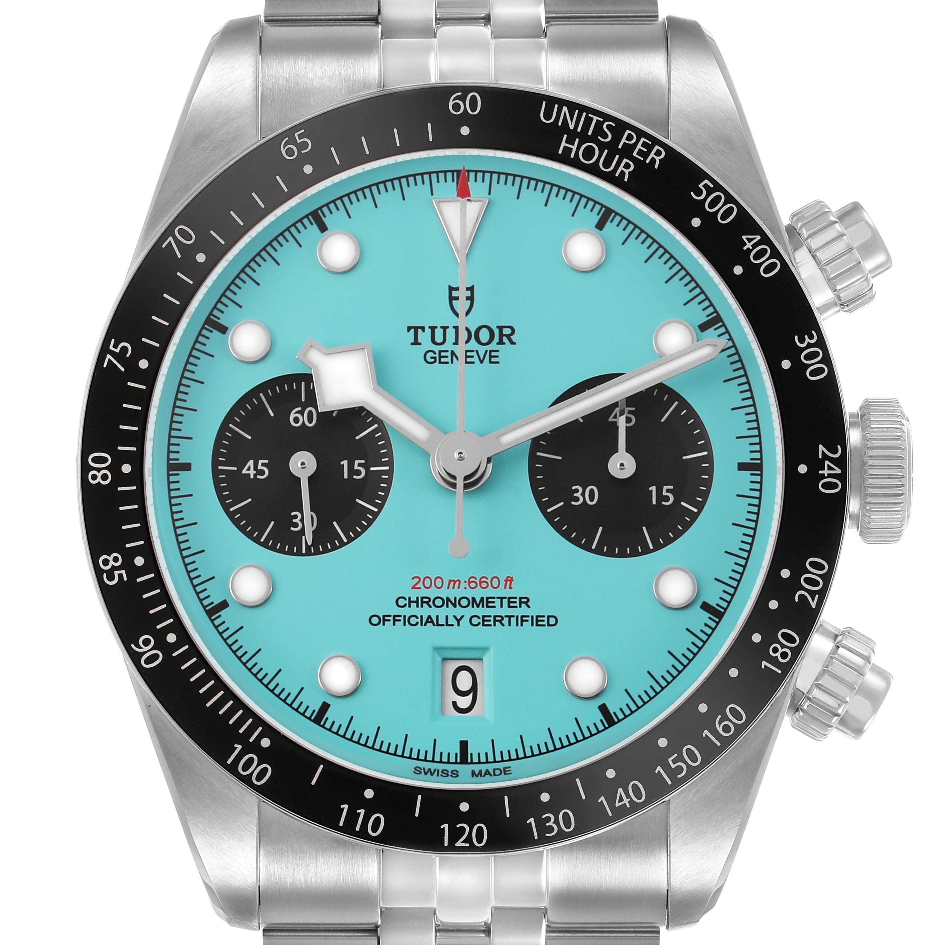The Tudor Heritage Chrono 79360N Men's Stainless Steel Blue Dial watch is shown from a front angle, highlighting the dial, bezel, subdials, and crown.
