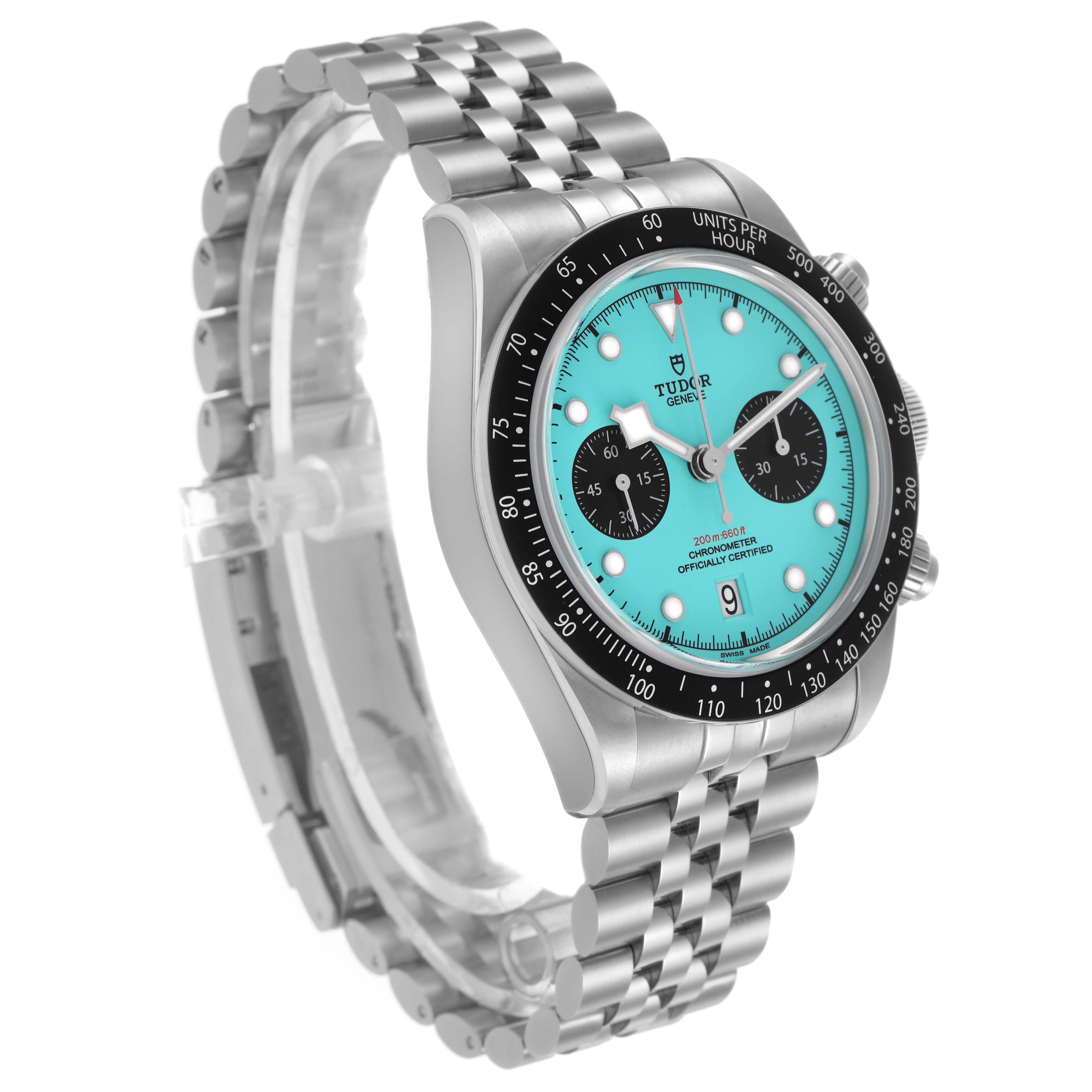 The Tudor Heritage Chrono 79360N Men's Stainless Steel Blue Dial watch is shown from a three-quarter angle displaying the dial, bezel, case, and bracelet.