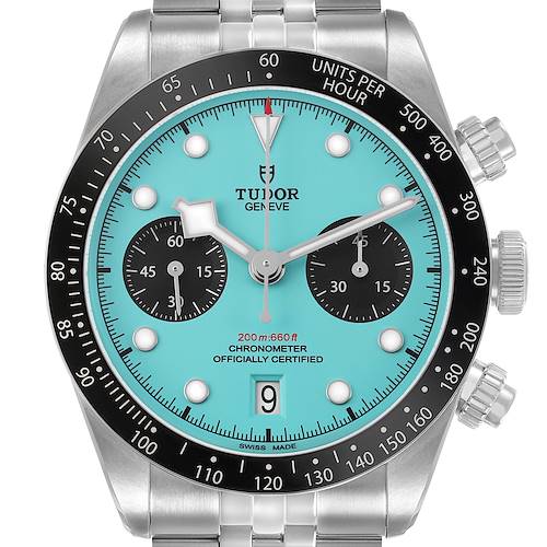 The Tudor Heritage Chrono 79360N Men's Stainless Steel Blue Dial watch is shown from the front, highlighting its dial, bezel, subdials, and crown.