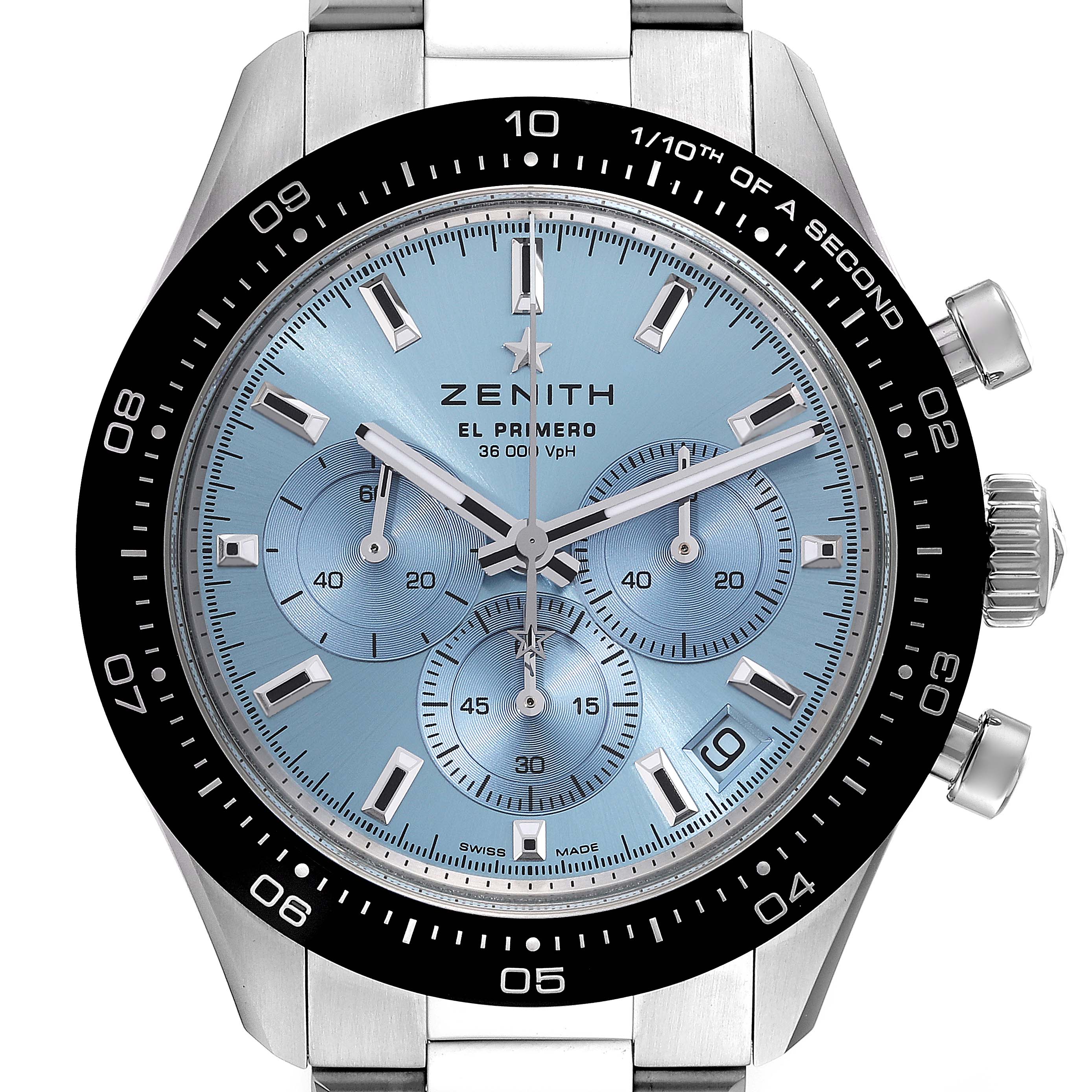 The image shows a Zenith Chronomaster 03.3105.3600 Men's Stainless Steel Blue Dial 03.3105.3600 Men's Stainless Steel Blue Dial watch with a blue dial, black bezel, and three subdials.