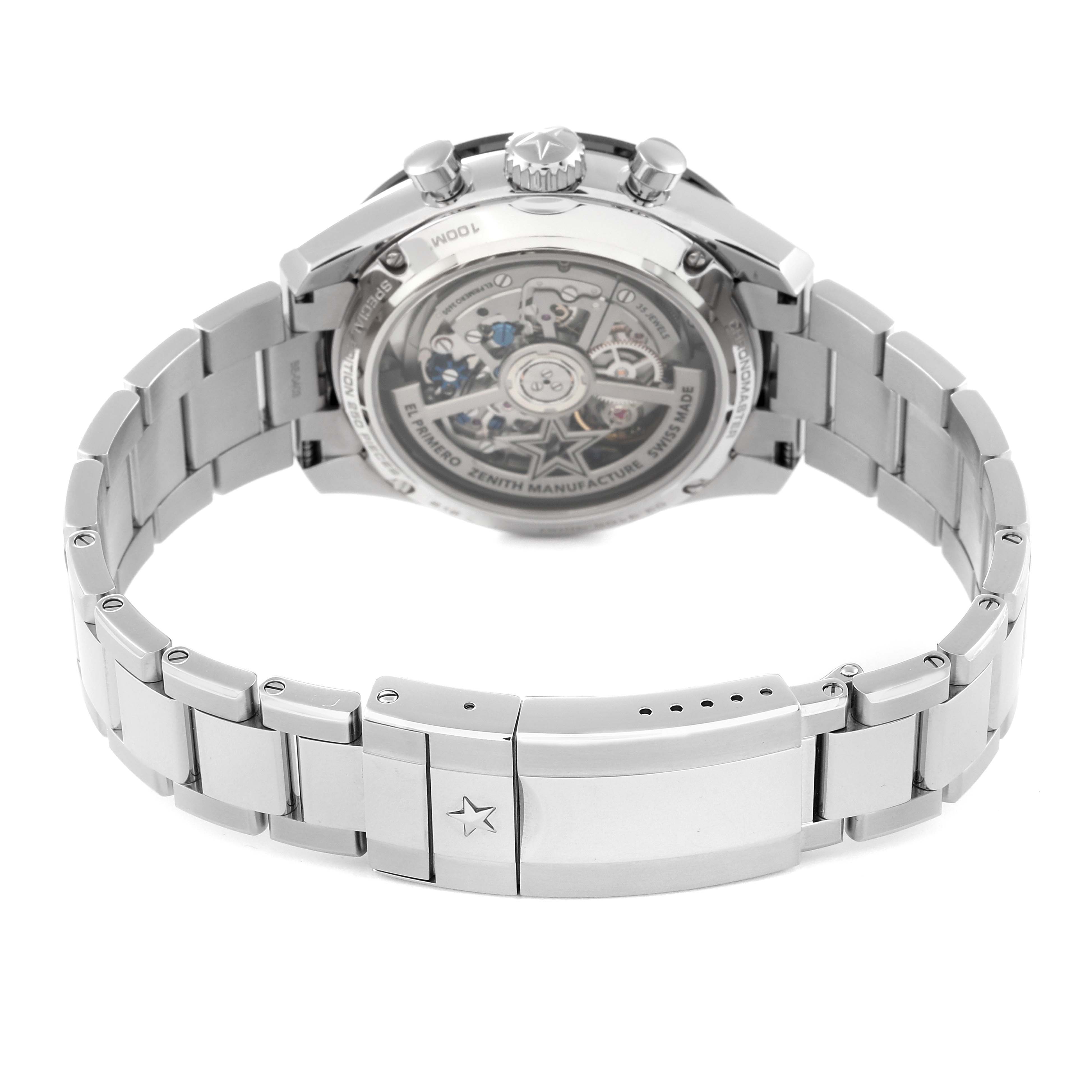 The image shows the back view of a Zenith Chronomaster 03.3105.3600 Men's Stainless Steel Blue Dial 03.3105.3600 Men's Stainless Steel Blue Dial watch, highlighting the movement and bracelet.