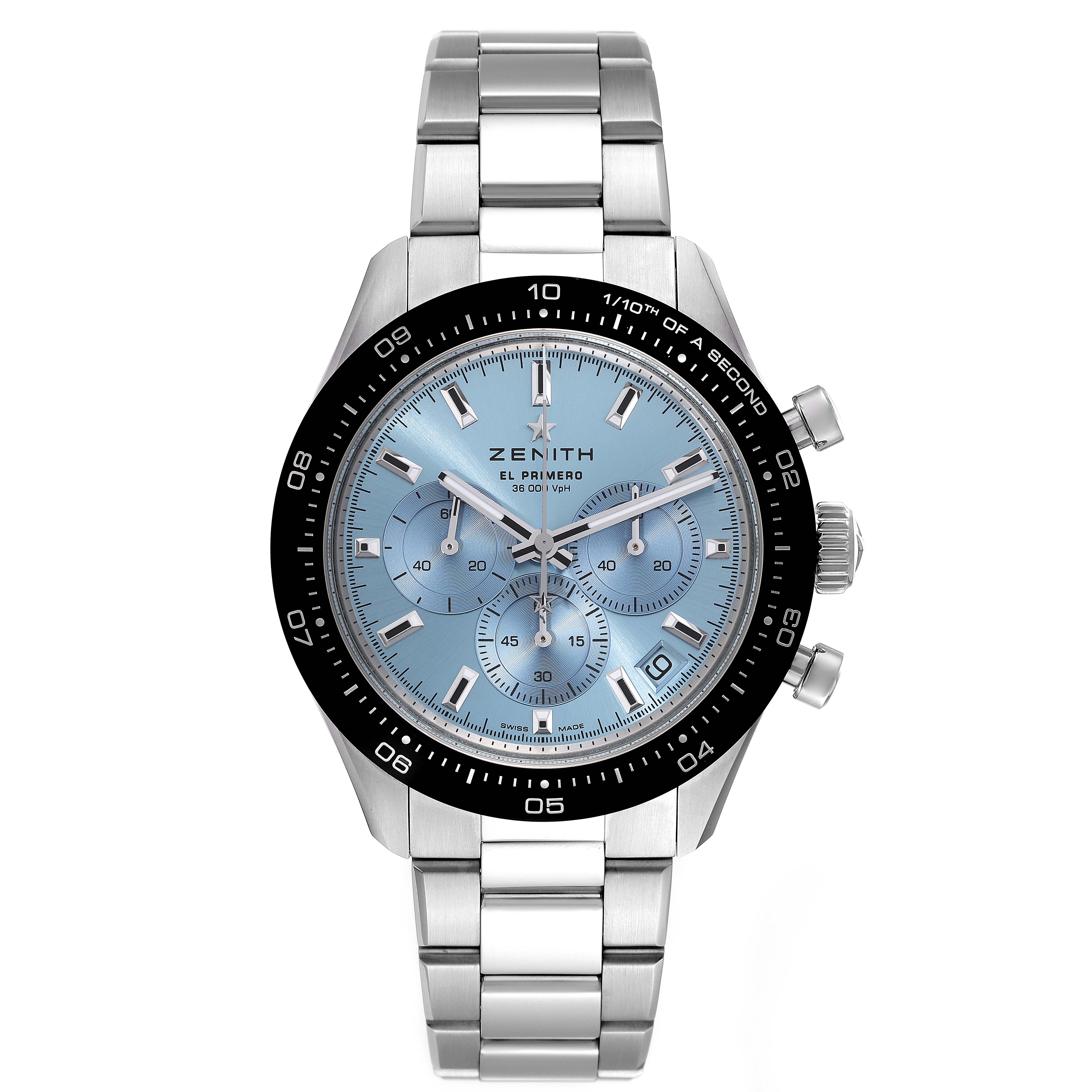 The image shows a front view of the Zenith Chronomaster 03.3105.3600 Men's Stainless Steel Blue Dial 03.3105.3600 Men's Stainless Steel Blue Dial watch displaying its face, bezel, and stainless steel bracelet.