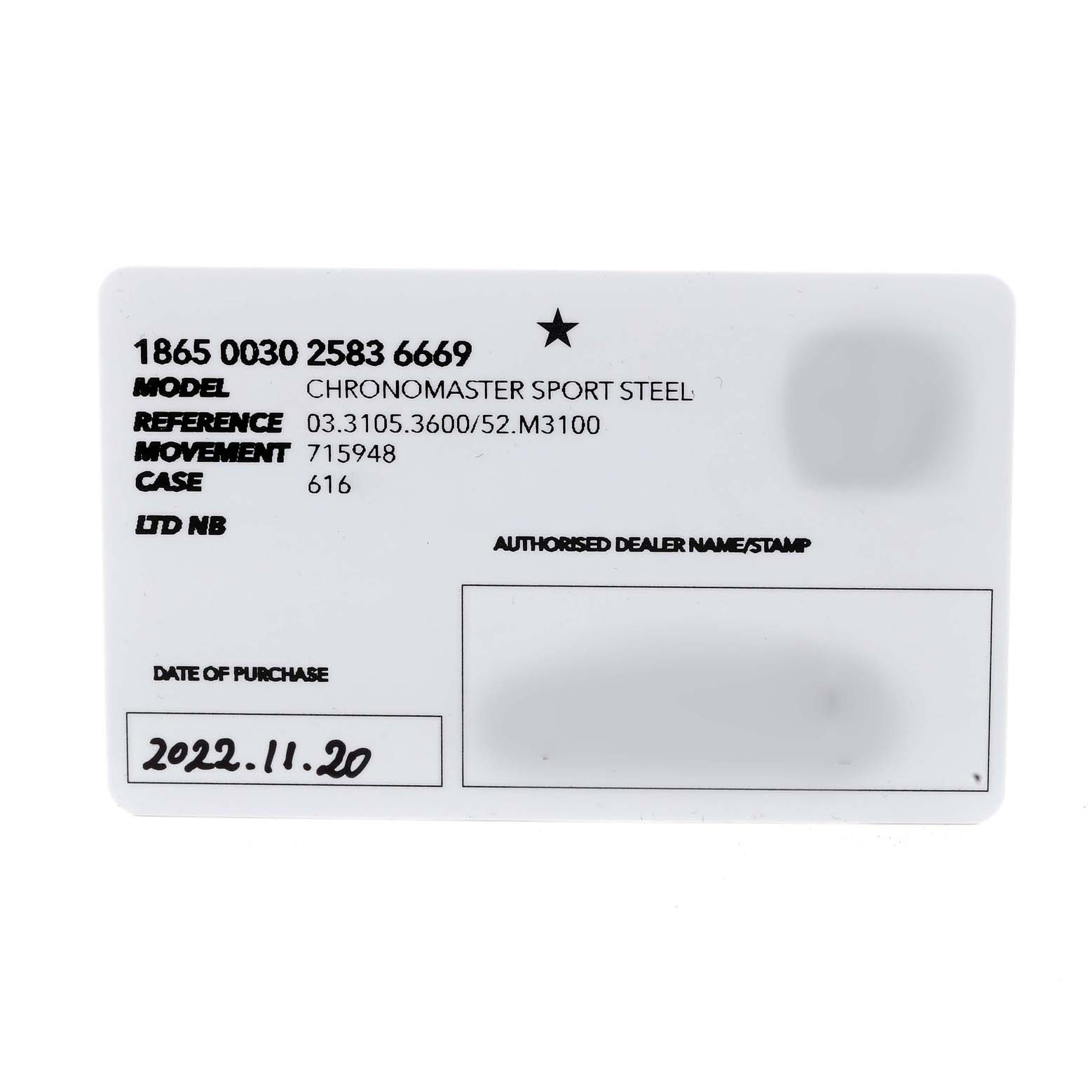 This is a guarantee card for the Zenith Chronomaster 03.3105.3600 Men's Stainless Steel Blue Dial 03.3105.3600 Men's Stainless Steel Blue Dial Sport Steel watch model, showing details like reference, movement, and date of purchase.