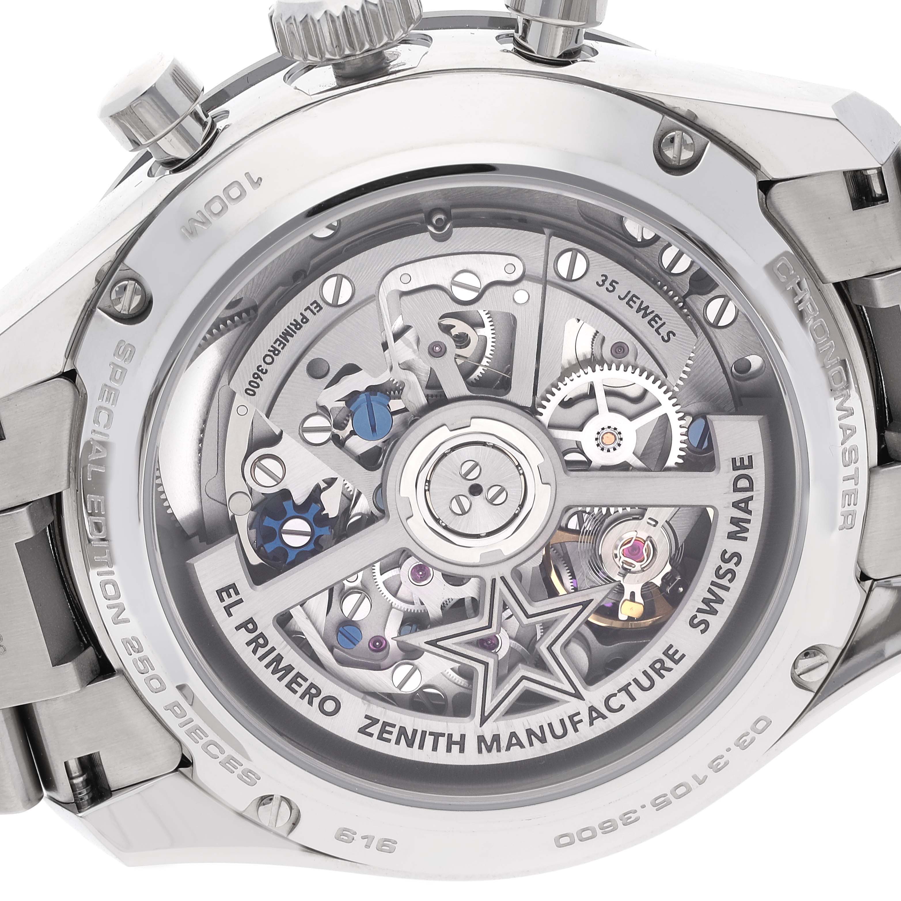 The image shows the back view of the Zenith Chronomaster 03.3105.3600 Men's Stainless Steel Blue Dial 03.3105.3600 Men's Stainless Steel Blue Dial watch, highlighting its internal mechanical movements and details.