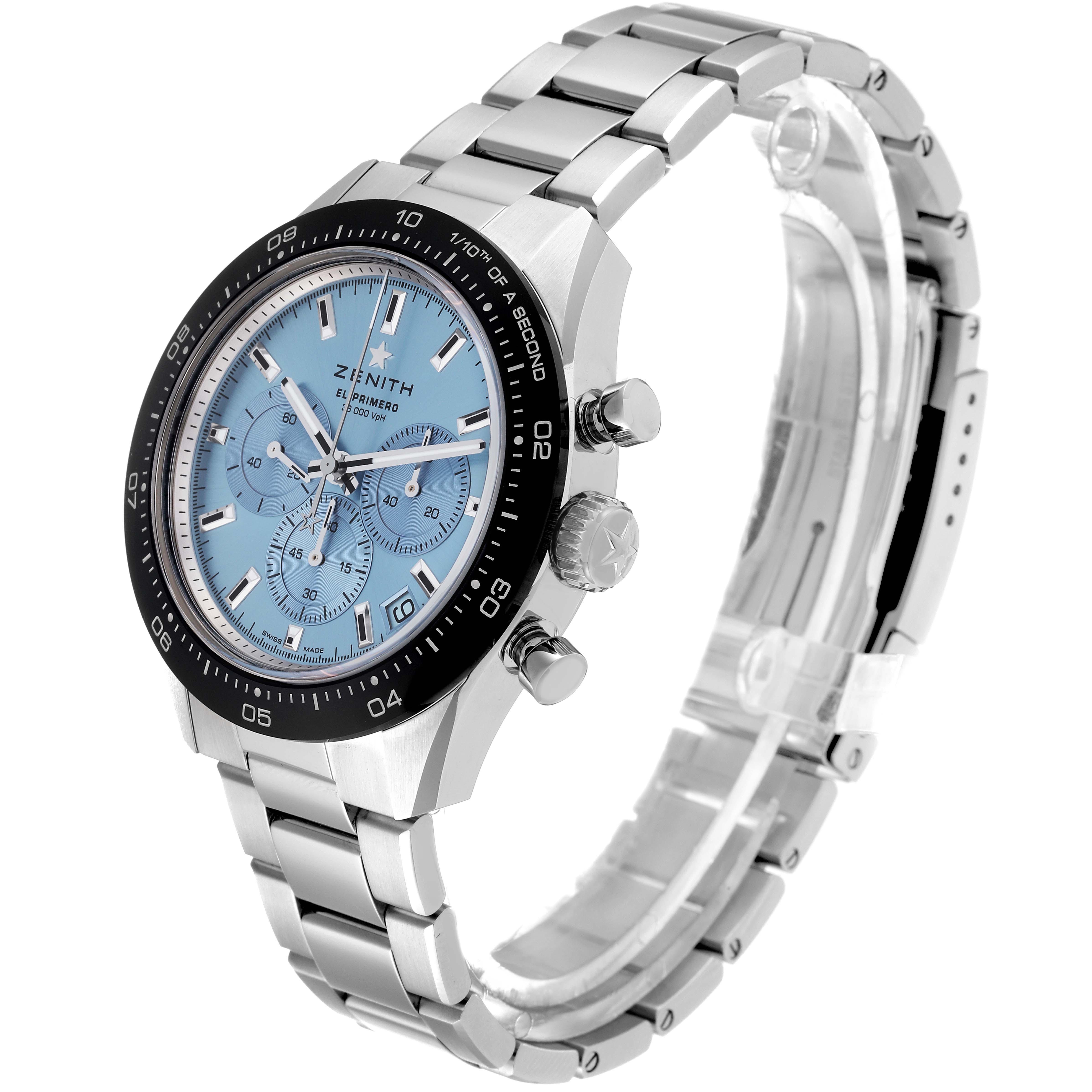 The image shows a Zenith Chronomaster 03.3105.3600 Men's Stainless Steel Blue Dial 03.3105.3600 Men's Stainless Steel Blue Dial watch from a front-side angle, highlighting the face, bezel, crown, and bracelet.