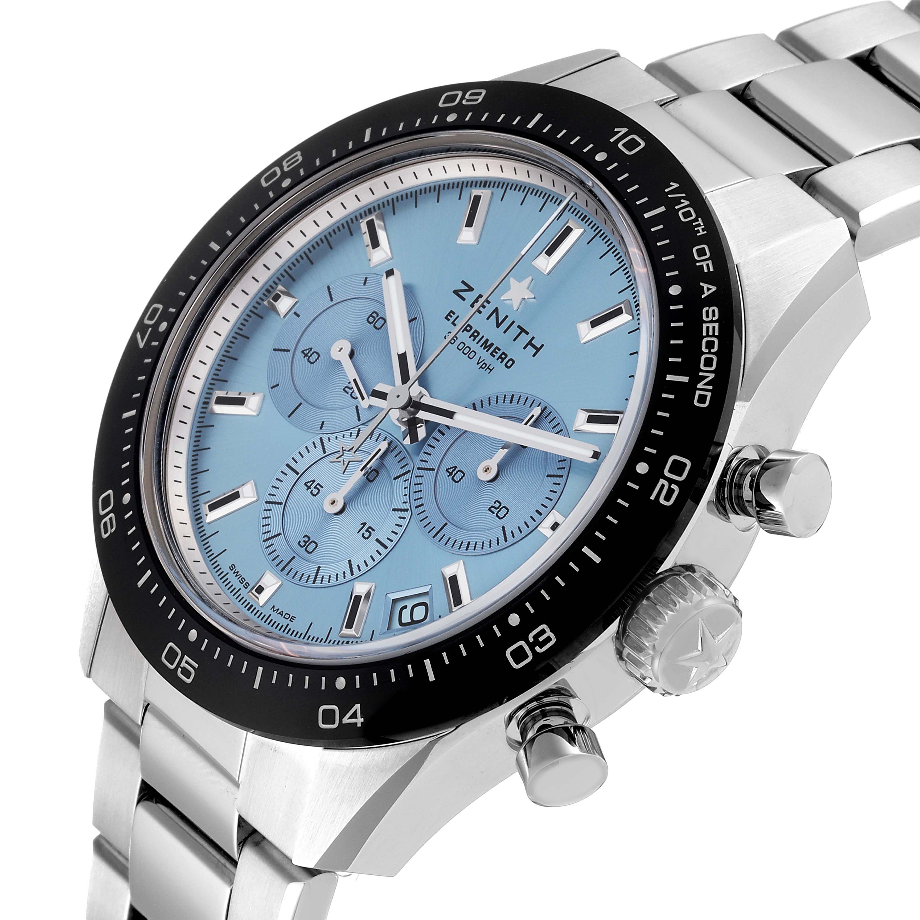 The Zenith Chronomaster 03.3105.3600 Men's Stainless Steel Blue Dial 03.3105.3600 Men's Stainless Steel Blue Dial watch is shown at an oblique angle displaying its face, bezel, crown, and part of its bracelet.