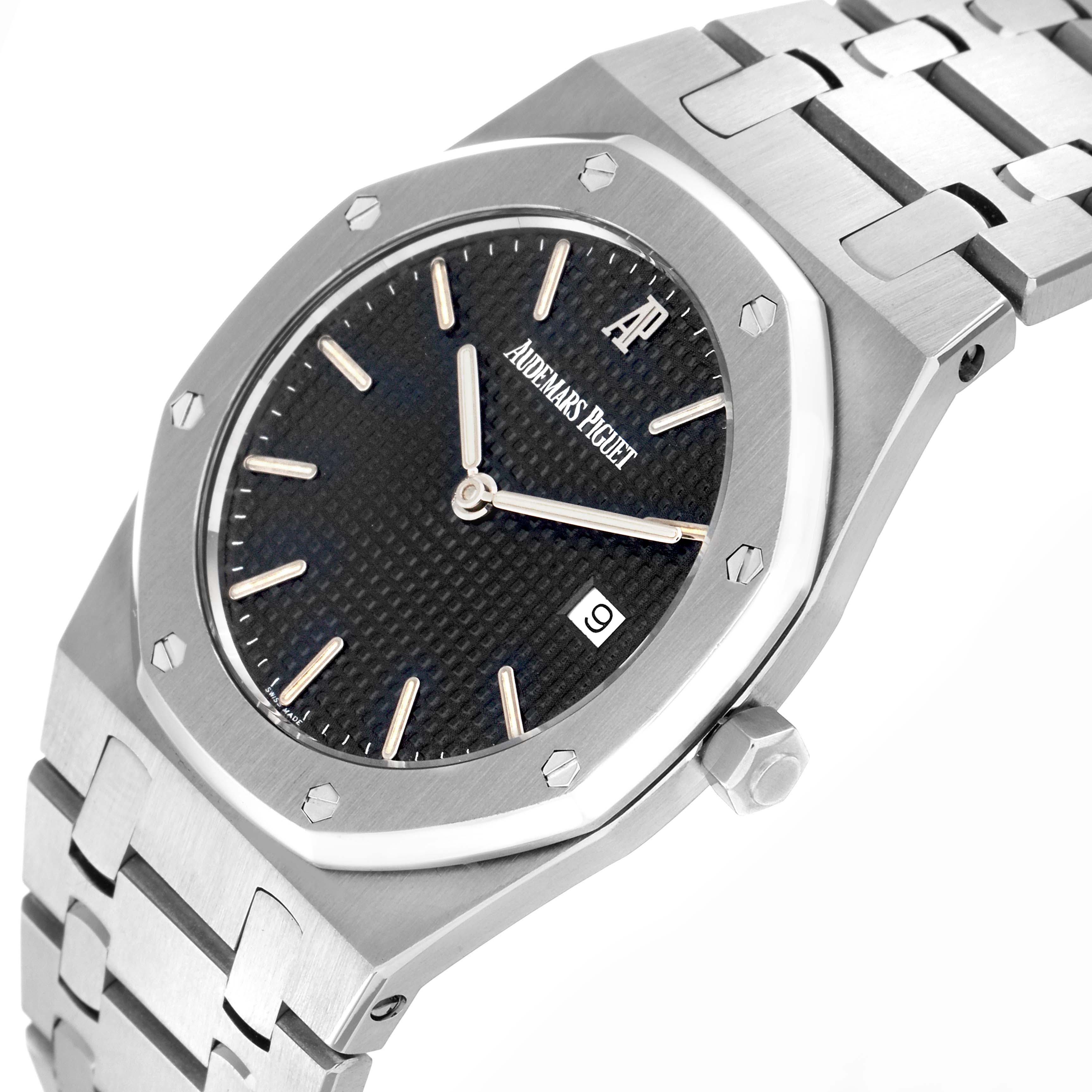 The image shows a side angle of the Audemars Piguet Royal Oak model 56175ST, highlighting the watch face, bezel, case, and part of the bracelet.