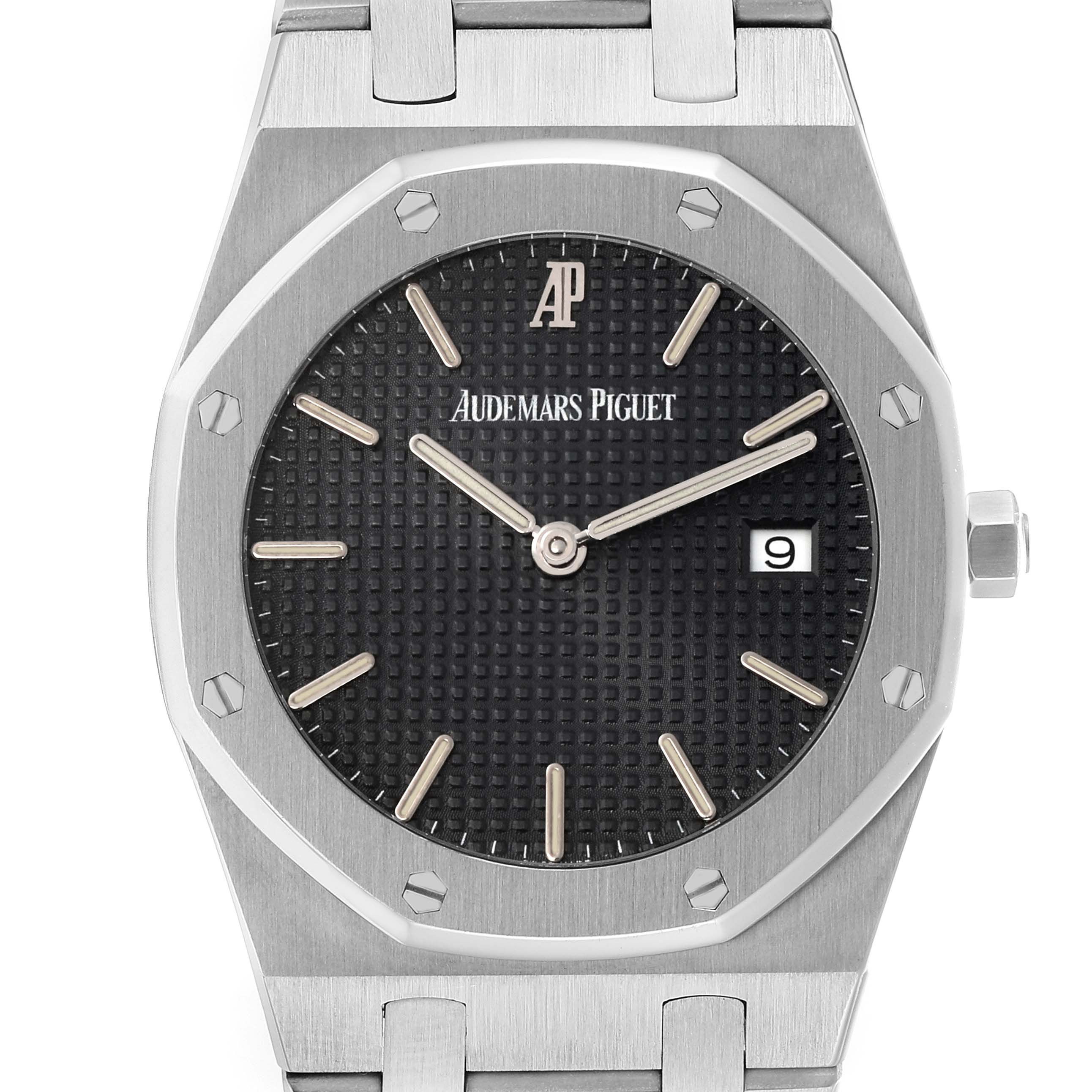 The image shows a front-facing view of the Audemars Piguet Royal Oak model 56175ST, highlighting its octagonal bezel, black textured dial, and date window.