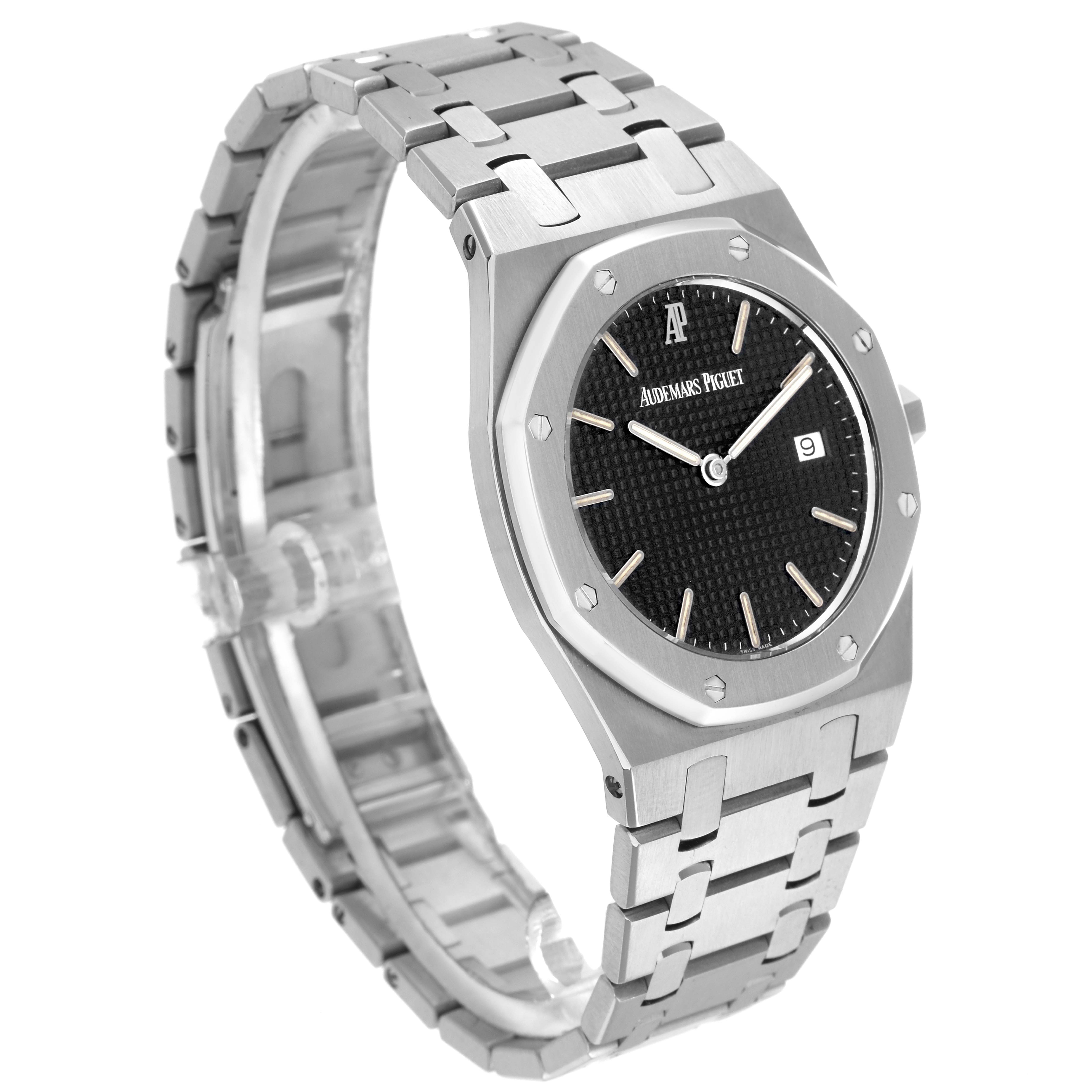 The Audemars Piguet Royal Oak model 56175ST is shown at an angled side view, highlighting the watch
s octagonal bezel, black dial, and integrated stainless steel bracelet.