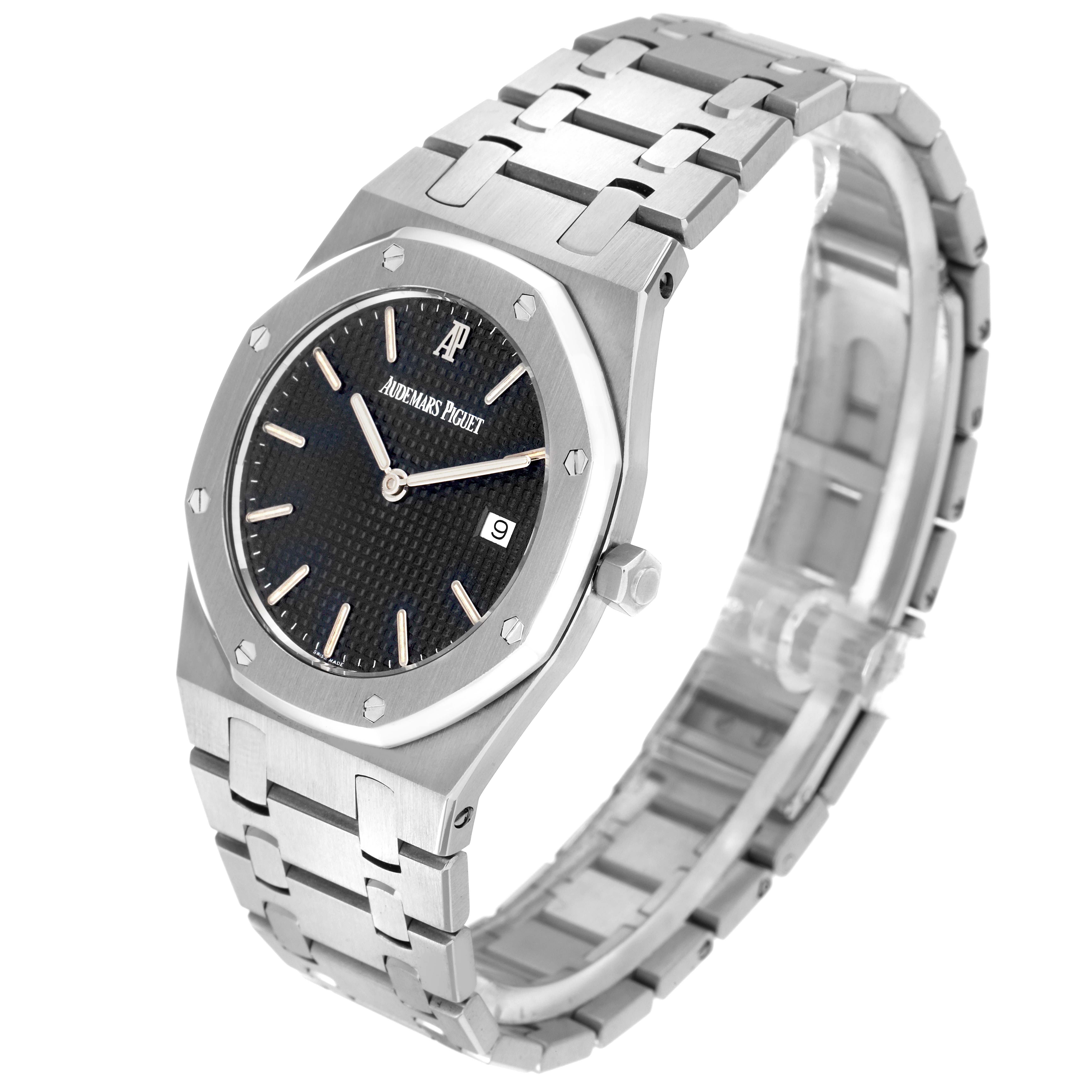 The image shows a side angle of the Audemars Piguet Royal Oak model 56175ST, highlighting its black textured dial, octagonal bezel, and stainless steel bracelet.