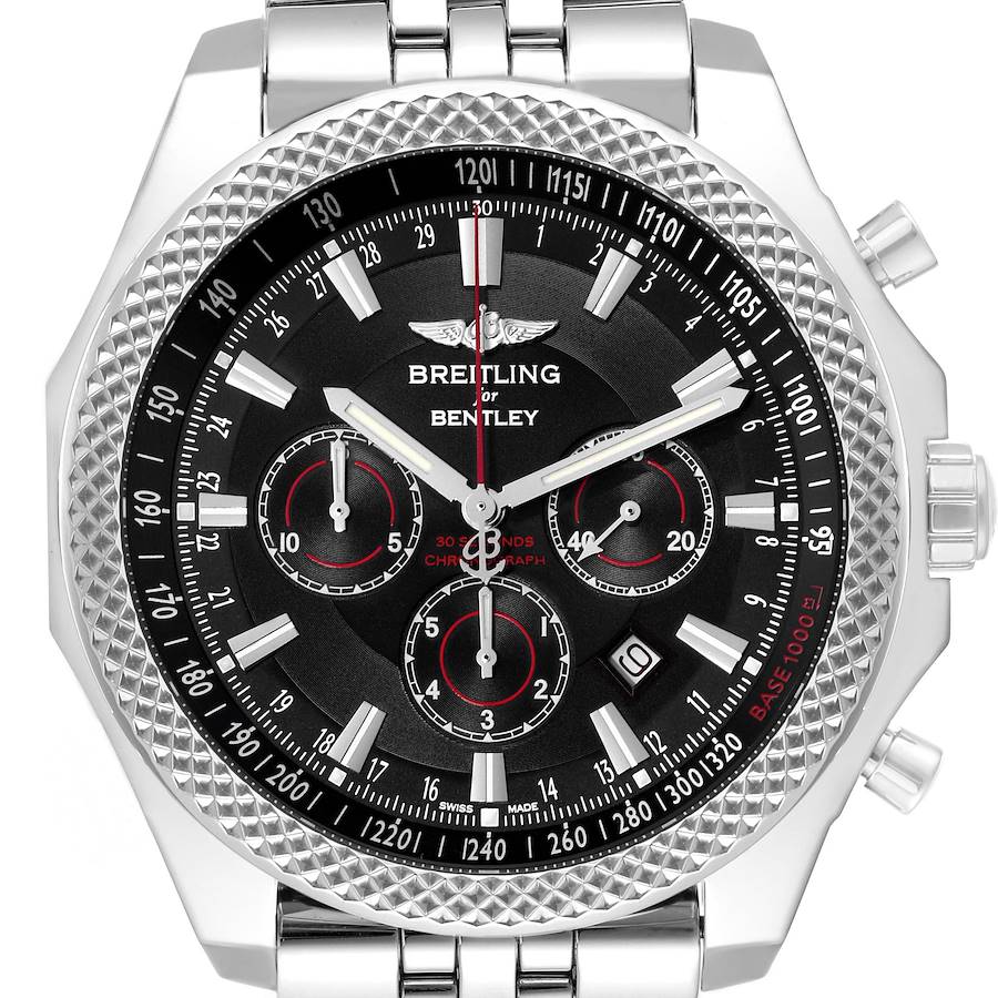 The image shows the face and bezel of the Breitling Bentley model A25368 men's watch from a front angle, featuring its chronograph dials and tachymeter scale.