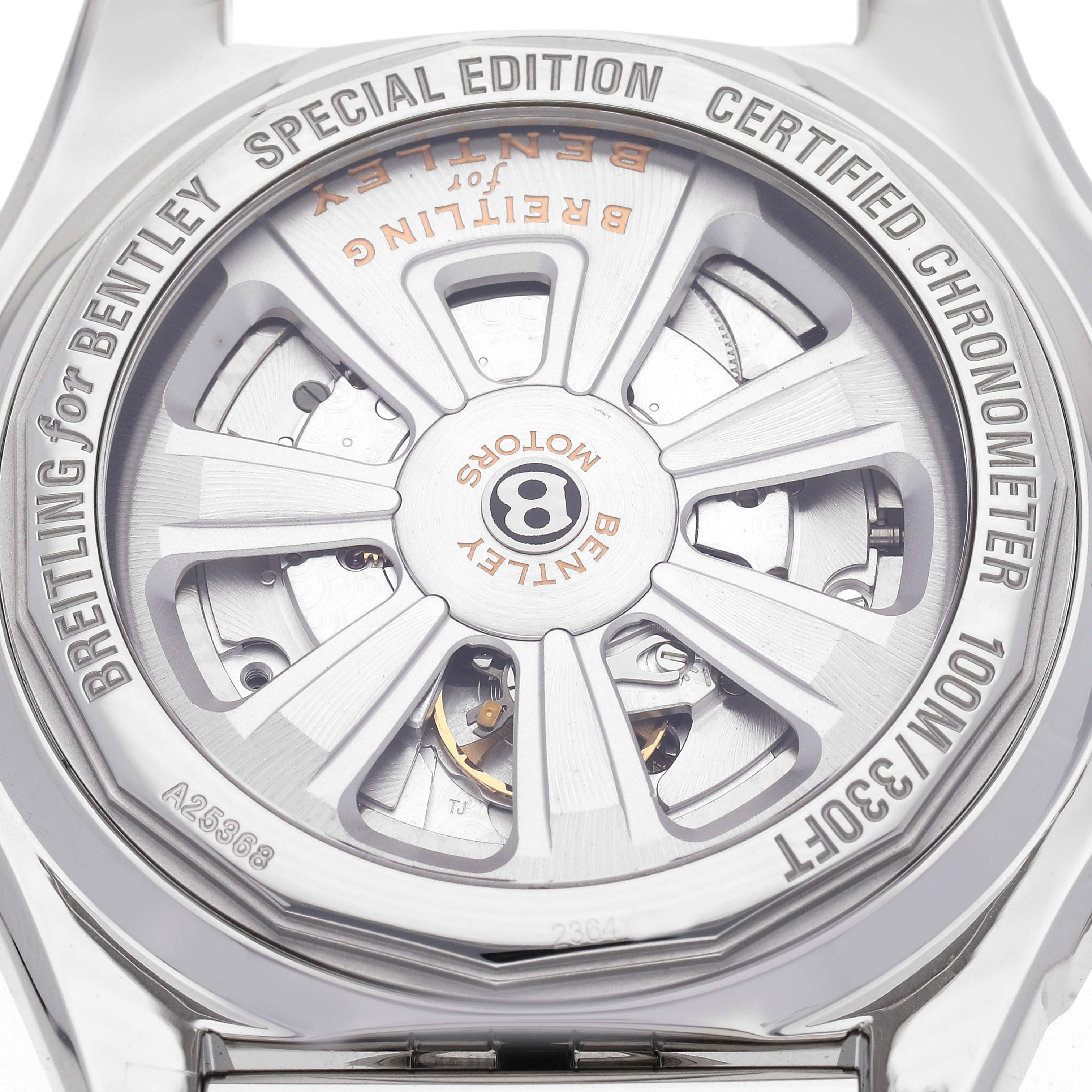 The image shows the exhibition case back of a Breitling for Bentley Special Edition men
s watch, model A25368, highlighting the rotor and movement details.