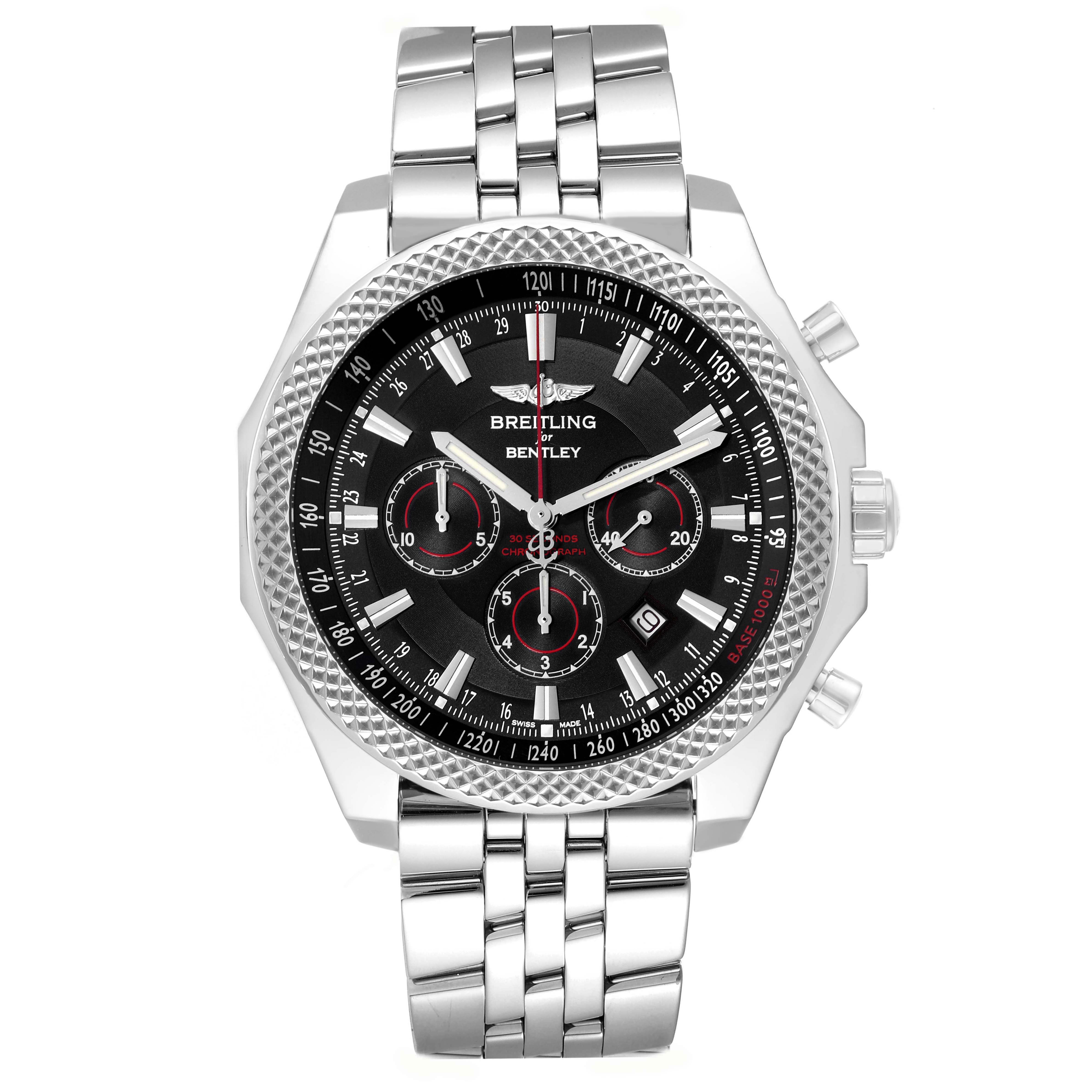 The image shows a Breitling Bentley A25368 men
s watch from a front angle, highlighting the dial, bezel, crown, pushers, and metal bracelet.