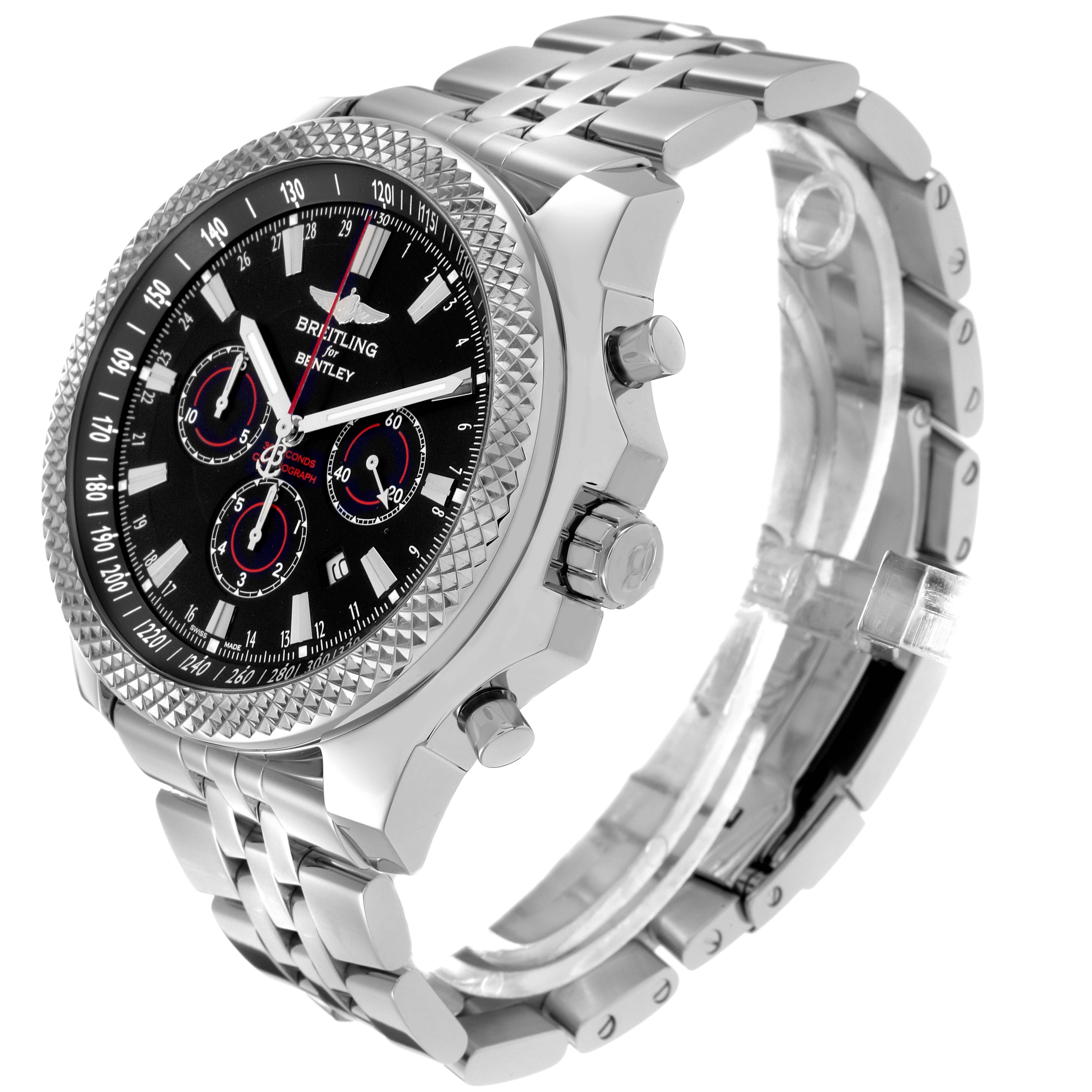 The Breitling Bentley model A25368 watch is shown at an angle displaying the face, bezel, crown, pushers, and part of the bracelet.