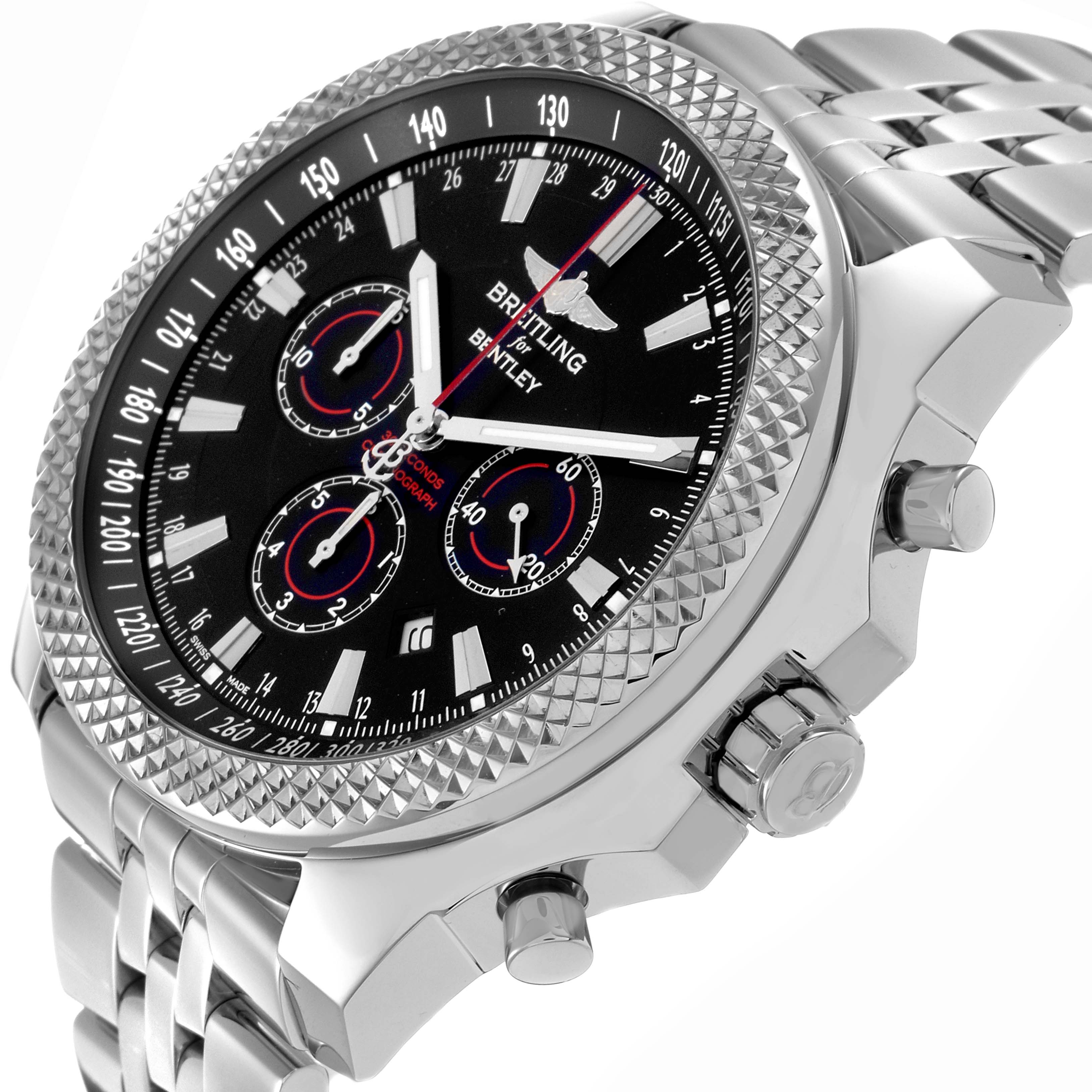 The Breitling Bentley model A25368 men
s watch is shown from a side angle, highlighting the dial, bezel, crown, and part of the bracelet.