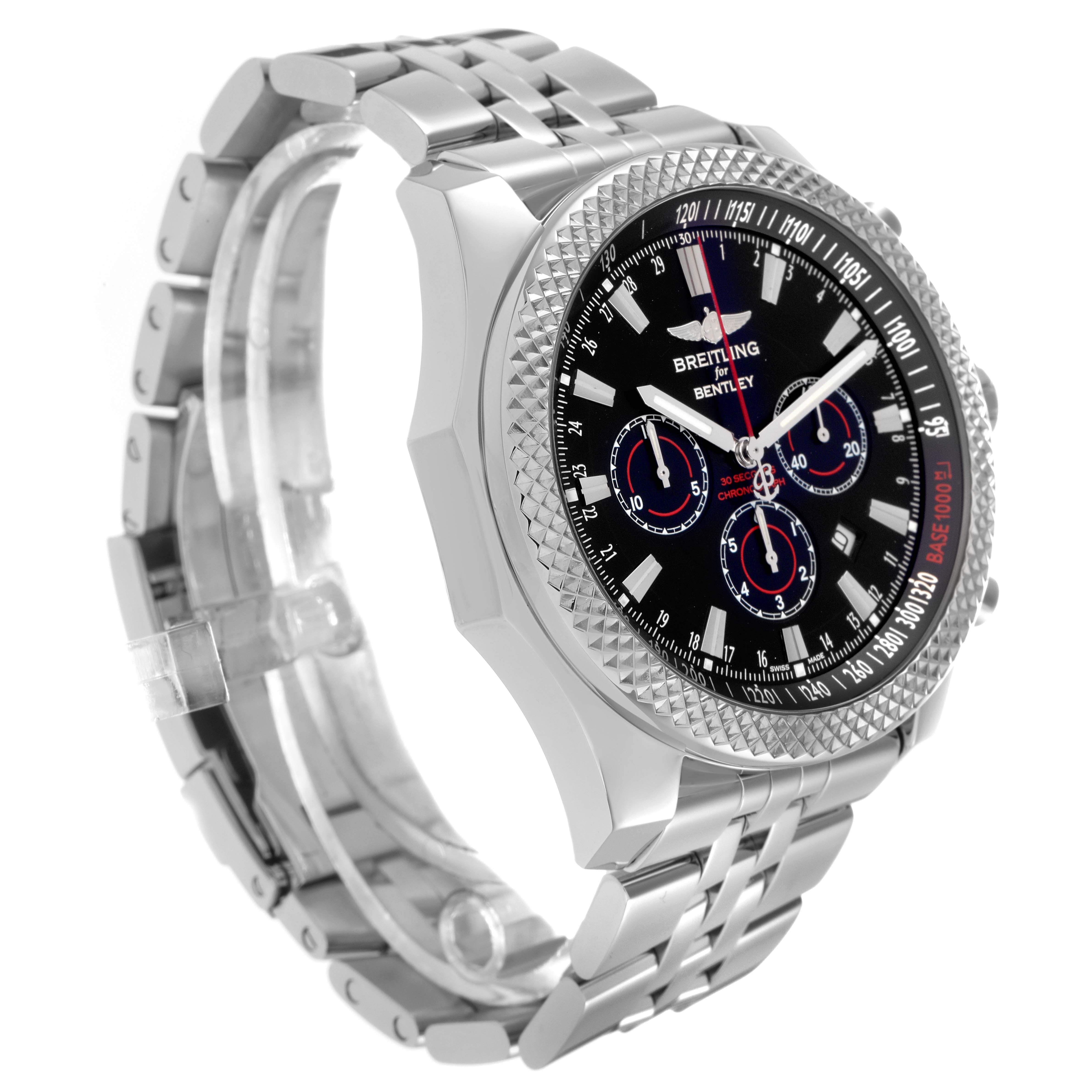 The image shows a Breitling Bentley model A25368 men
s watch at a three-quarter angle, highlighting its bezel, dial, and metal bracelet.