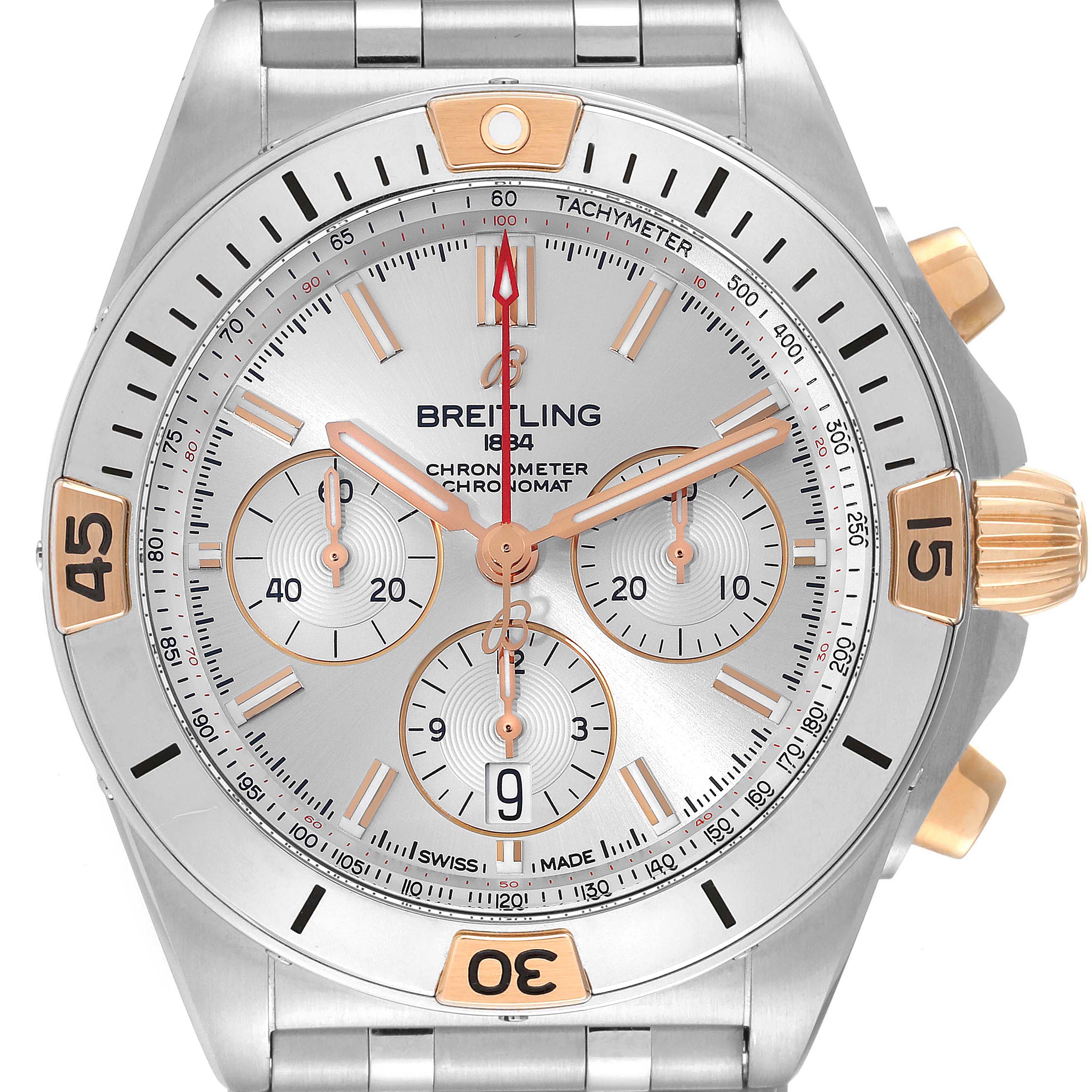 The image shows a front view of the Breitling Chronomat IB0134 Men
s Stainless Steel Silver Dial IB0134 Men
s Stainless Steel Silver Dial watch, including the face, bezel, and a portion of the band.