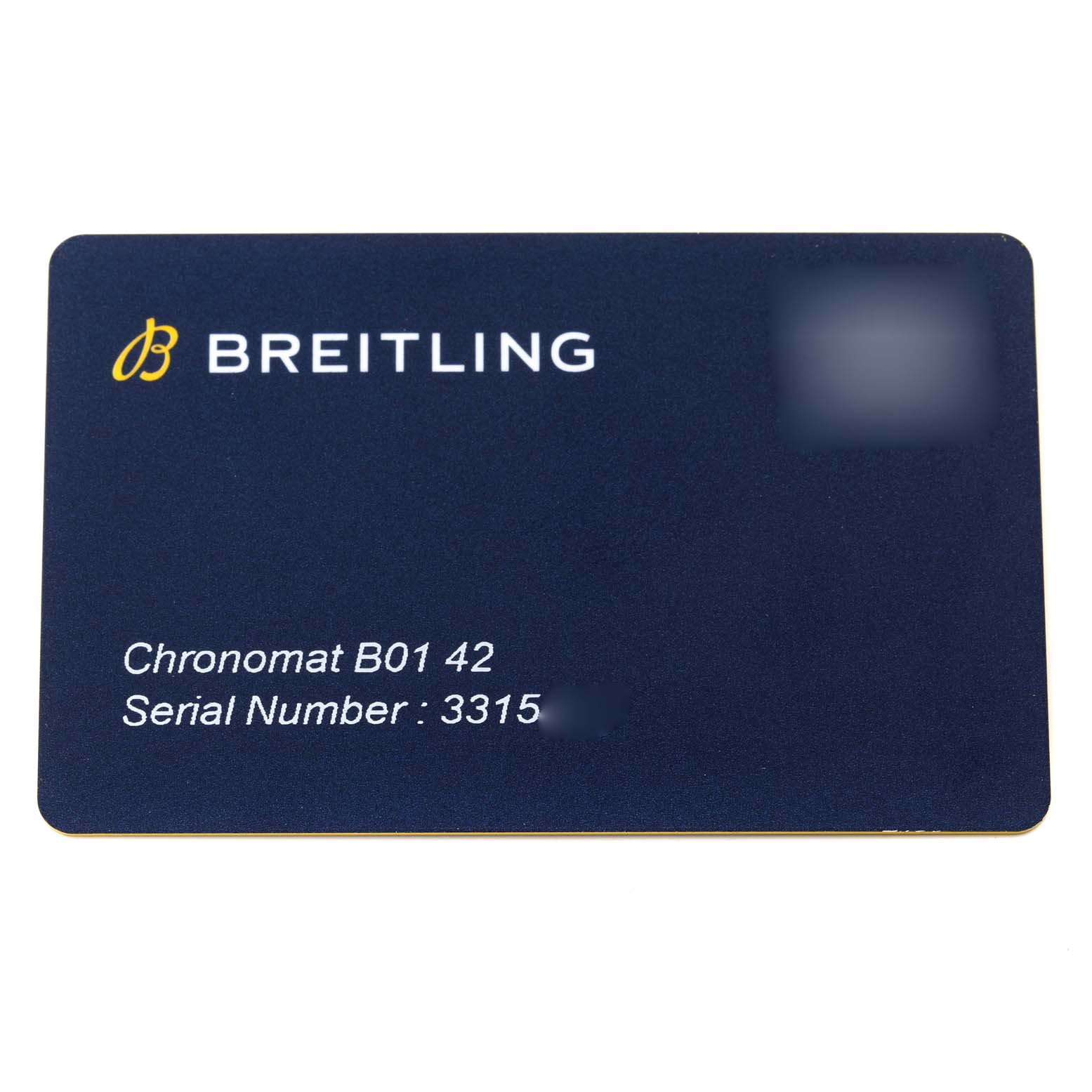 This image shows a registration card for the Breitling Chronomat IB0134 Men
s Stainless Steel Silver Dial IB0134 Men
s Stainless Steel Silver Dial B01 42 watch model.