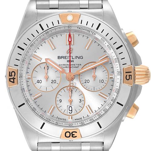 Photo of Breitling Chronomat B01 Steel Rose Gold Silver Dial Mens Watch IB0134 Box Card